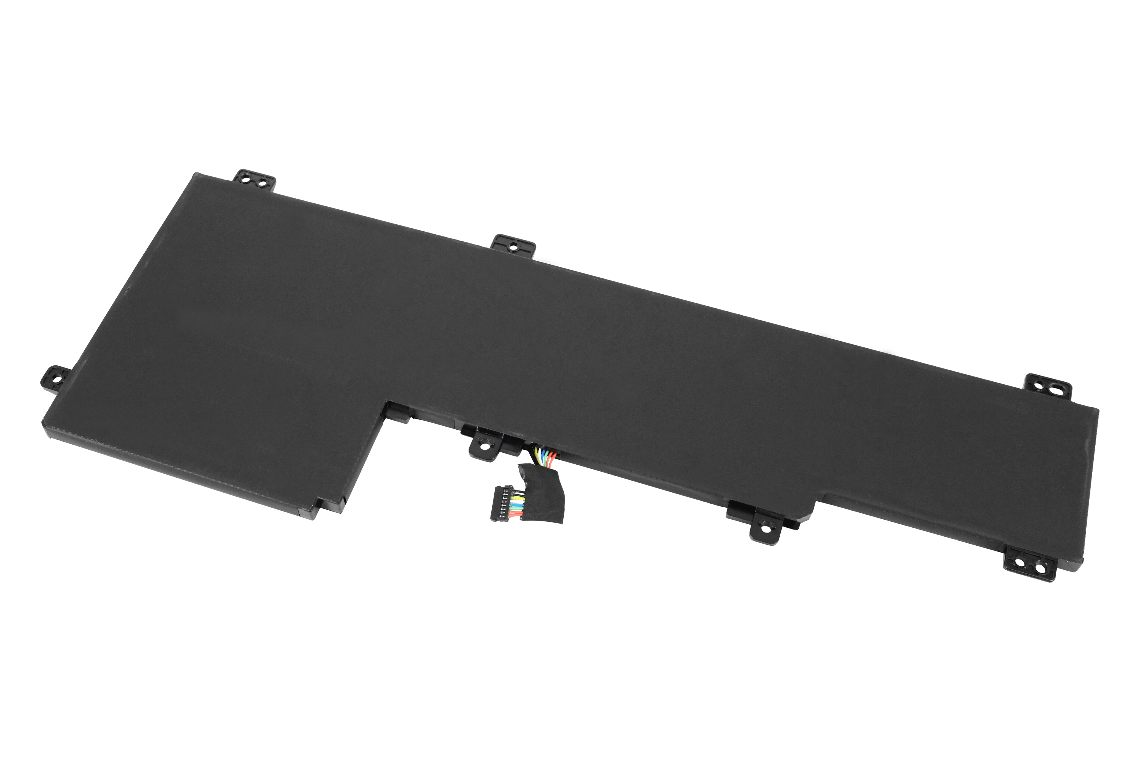 Ein schwarzer Laptop-Akku mit Stecker und farbigen Drähten. Der Akku ist rechteckig mit Halterungen.