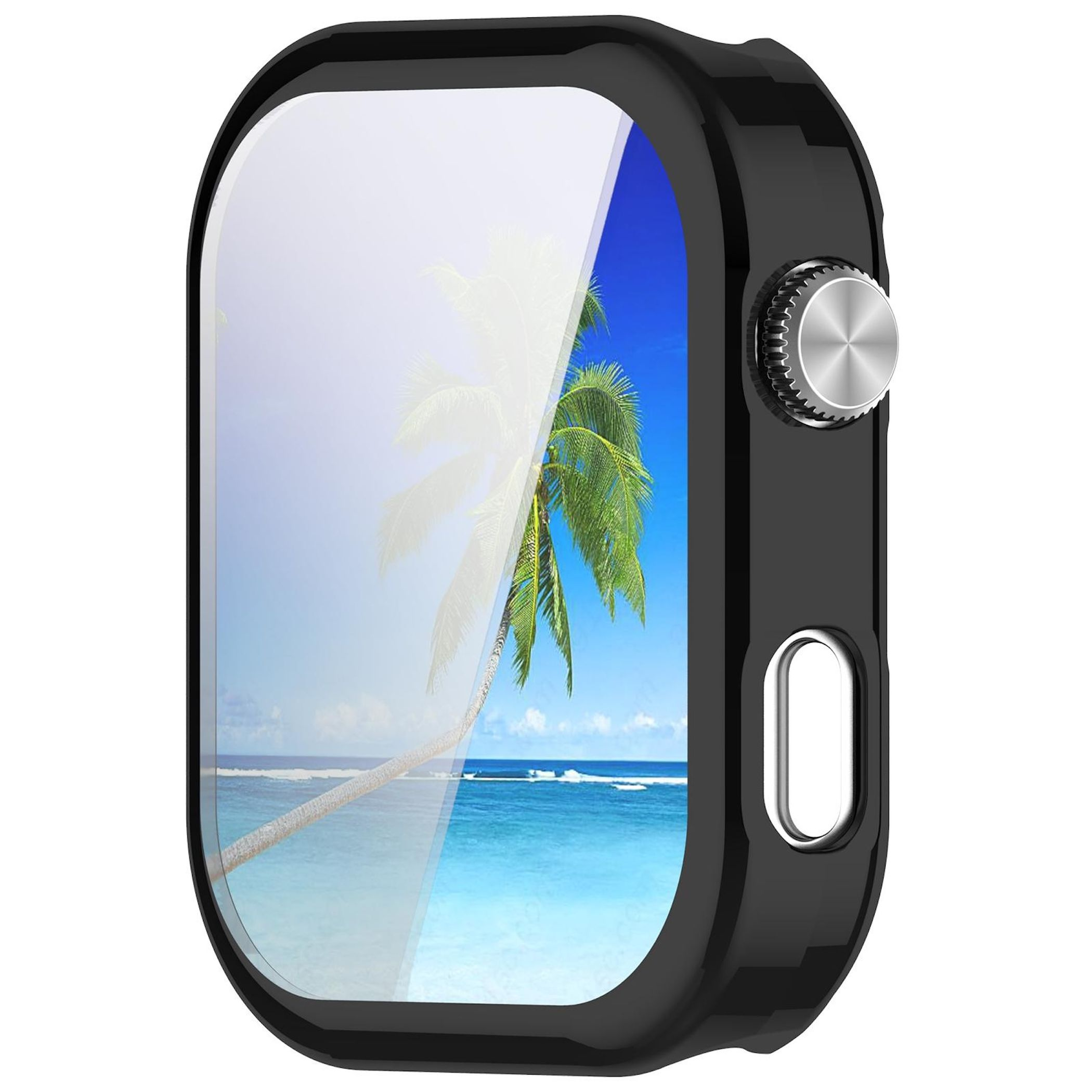 Cassa dell'orologio nera con una scena di spiaggia riflessa sullo schermo. Palma, cielo blu e oceano visibili.