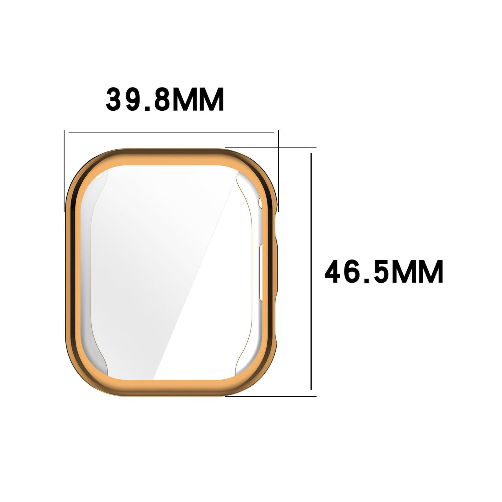 Eine orangefarbene Uhrenhülle mit den Maßen 39,8 mm x 46,5 mm auf weißem Hintergrund.