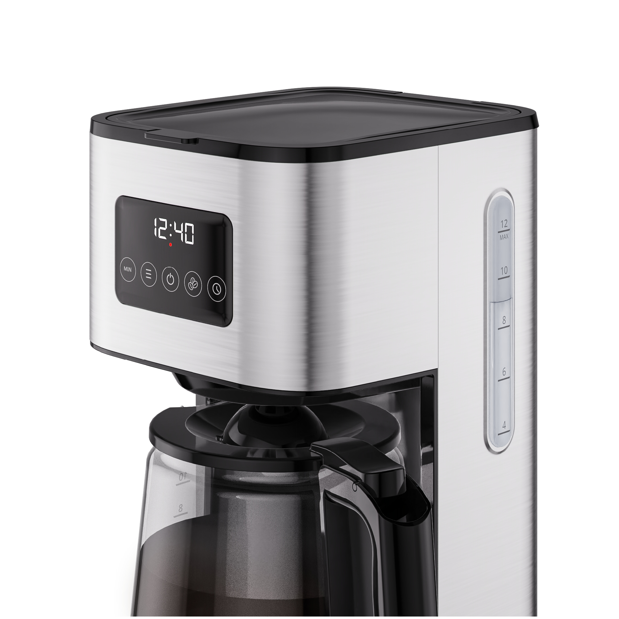 Una caffettiera in acciaio inossidabile con un orologio digitale che mostra le 12:40. Sotto c'è una caraffa di vetro.