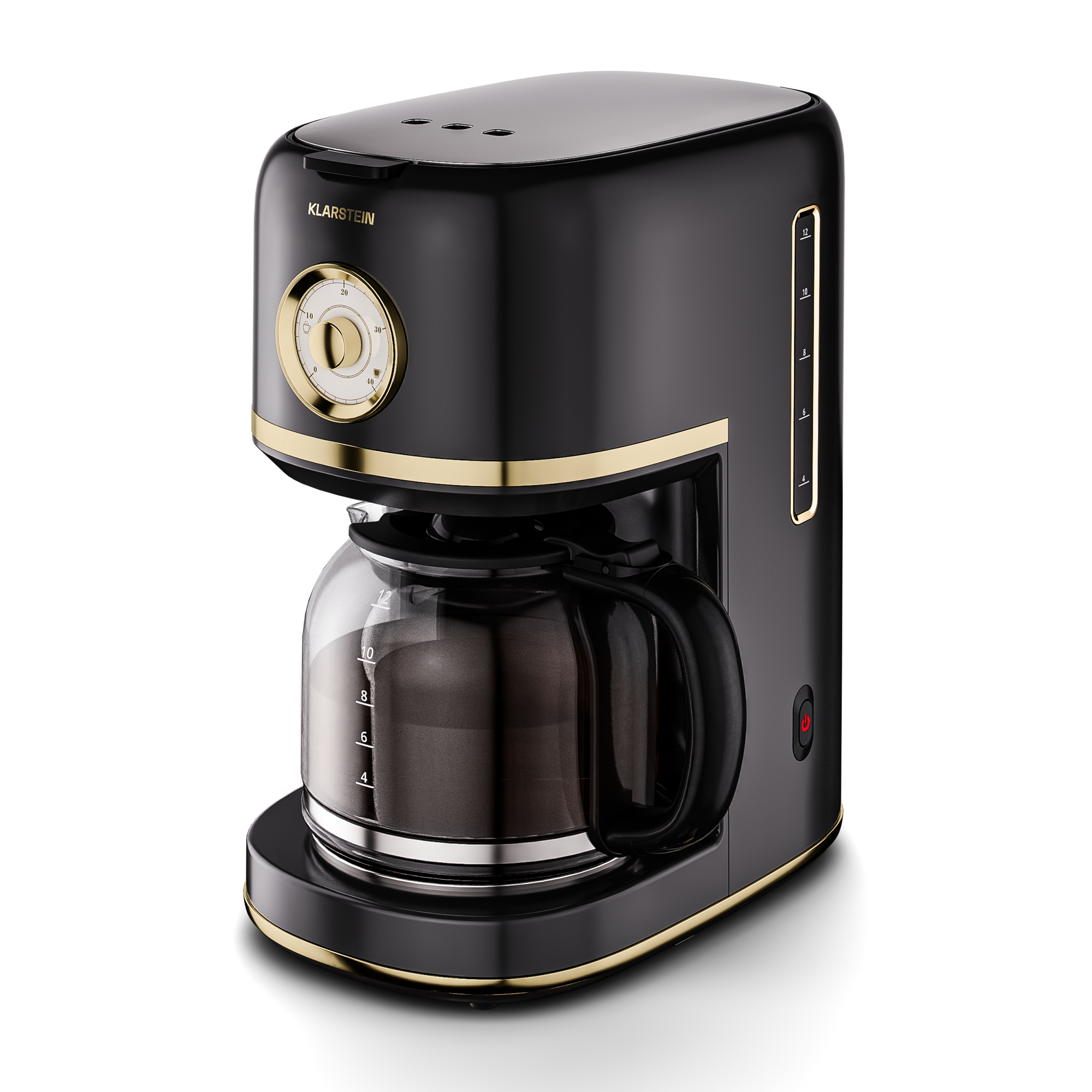 Macchina da caffè nera e oro. Ha una caraffa di vetro e un quadrante. Il marchio è 'Klarstein'.