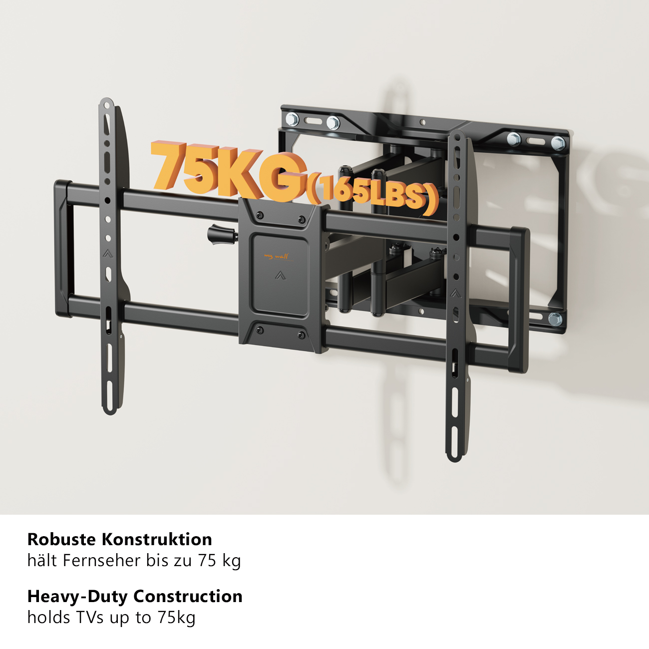 Eine schwarze TV-Wandhalterung mit orangefarbenem Text, der eine Tragfähigkeit von 75 kg (165 lbs) angibt. Die Halterung befindet sich an einer weißen Wand.
