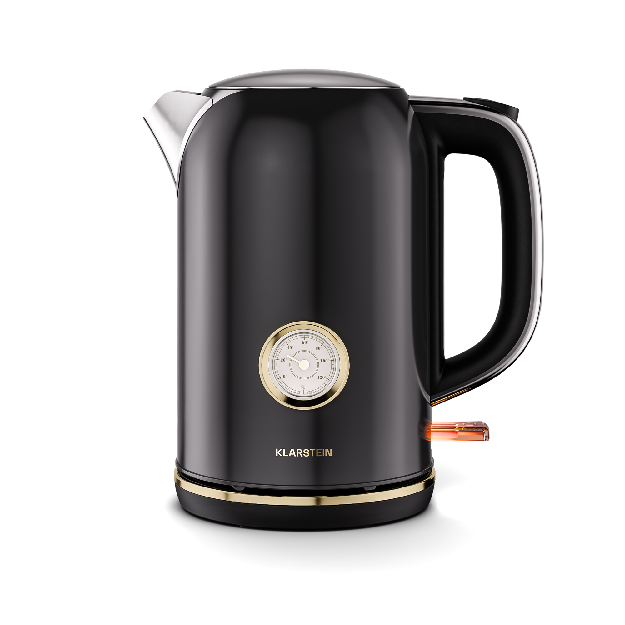 Bollitore elettrico nero con dettagli dorati. Dotato di indicatore di temperatura e manico. Sfondo bianco.