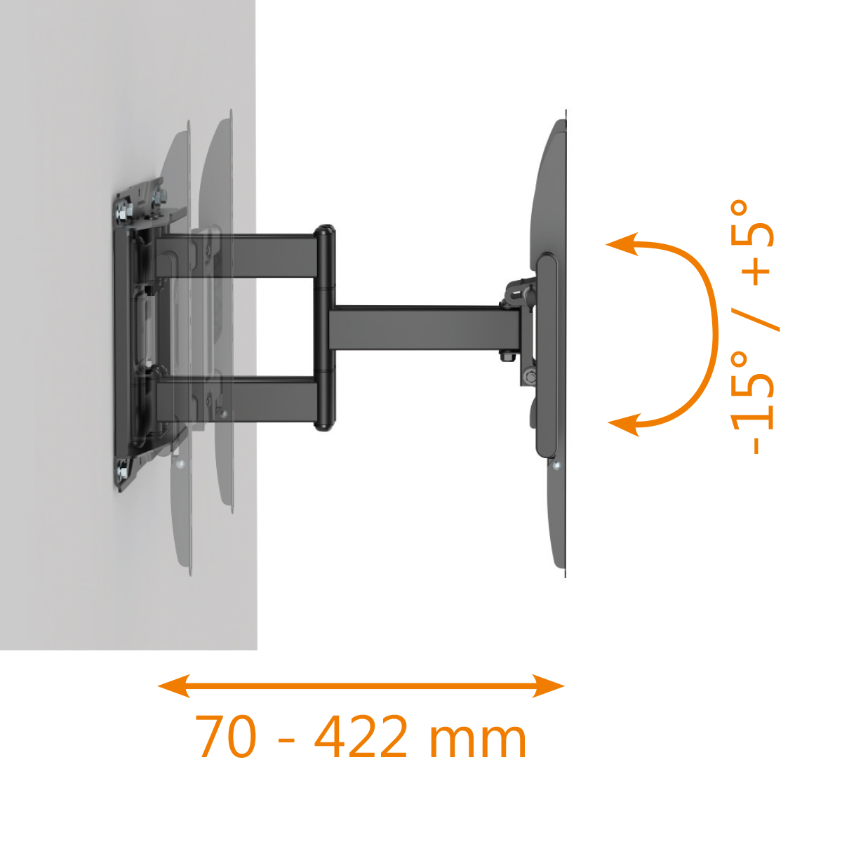 Schwarze TV-Wandhalterung mit Auslegerarmen. Bereich ist 70-422mm. Neigungsbereich ist -15 bis +5 Grad.