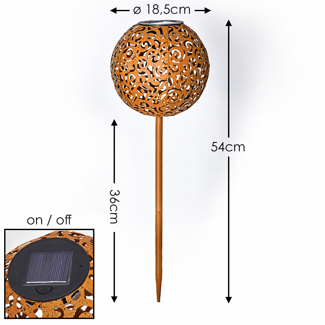Dekorative Solar-Gartenleuchte. Sie hat eine gemusterte Kugel auf einem Pfahl. Abmessungen: 18,5 cm, 36 cm und 54 cm. Ein Ein/Aus-Schalter ist sichtbar.