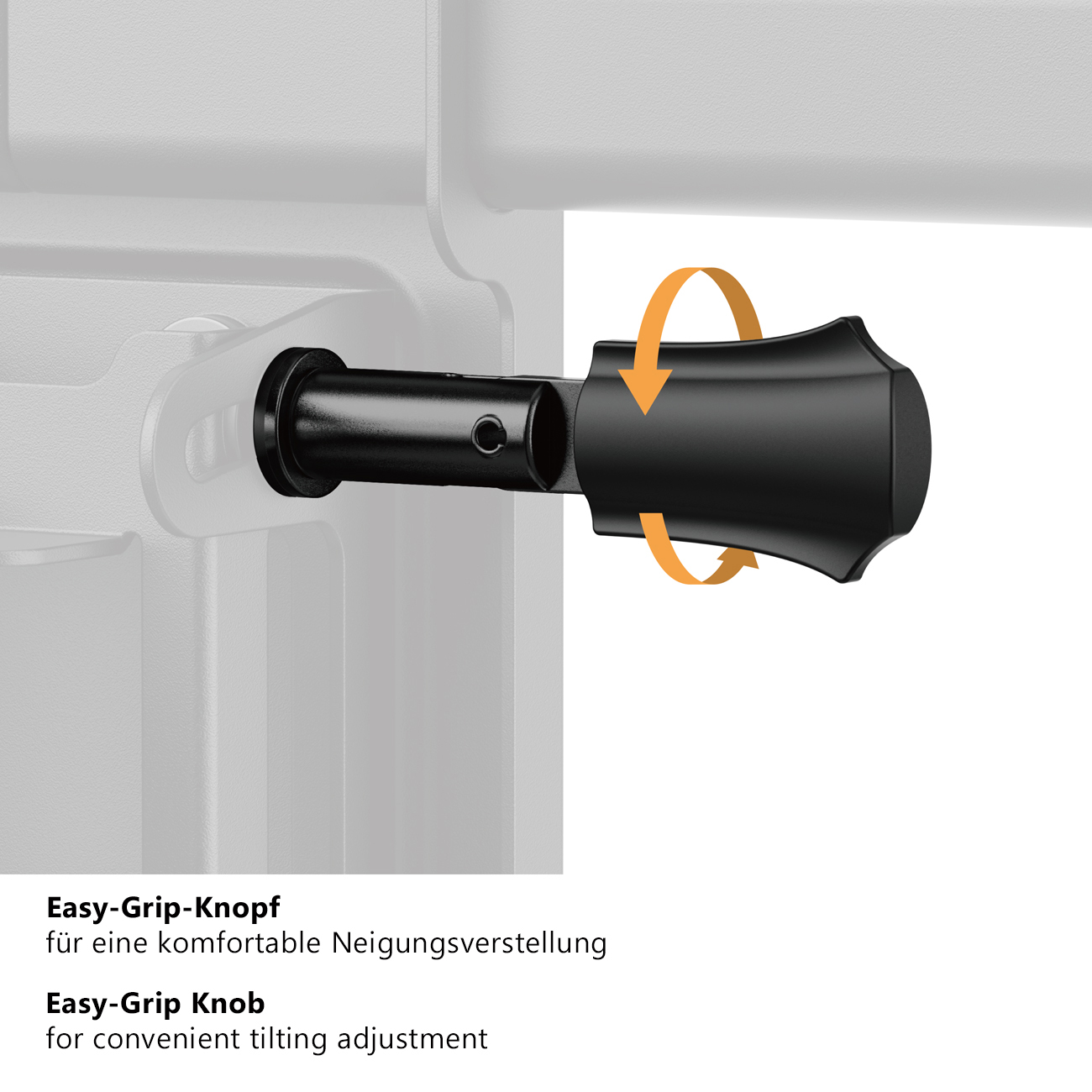Nahaufnahme zeigt einen schwarzen Easy-Grip-Knopf mit Pfeilen, die die Drehung zur Einstellung anzeigen. Eine schwarze Stange verbindet sich mit einem Mechanismus.