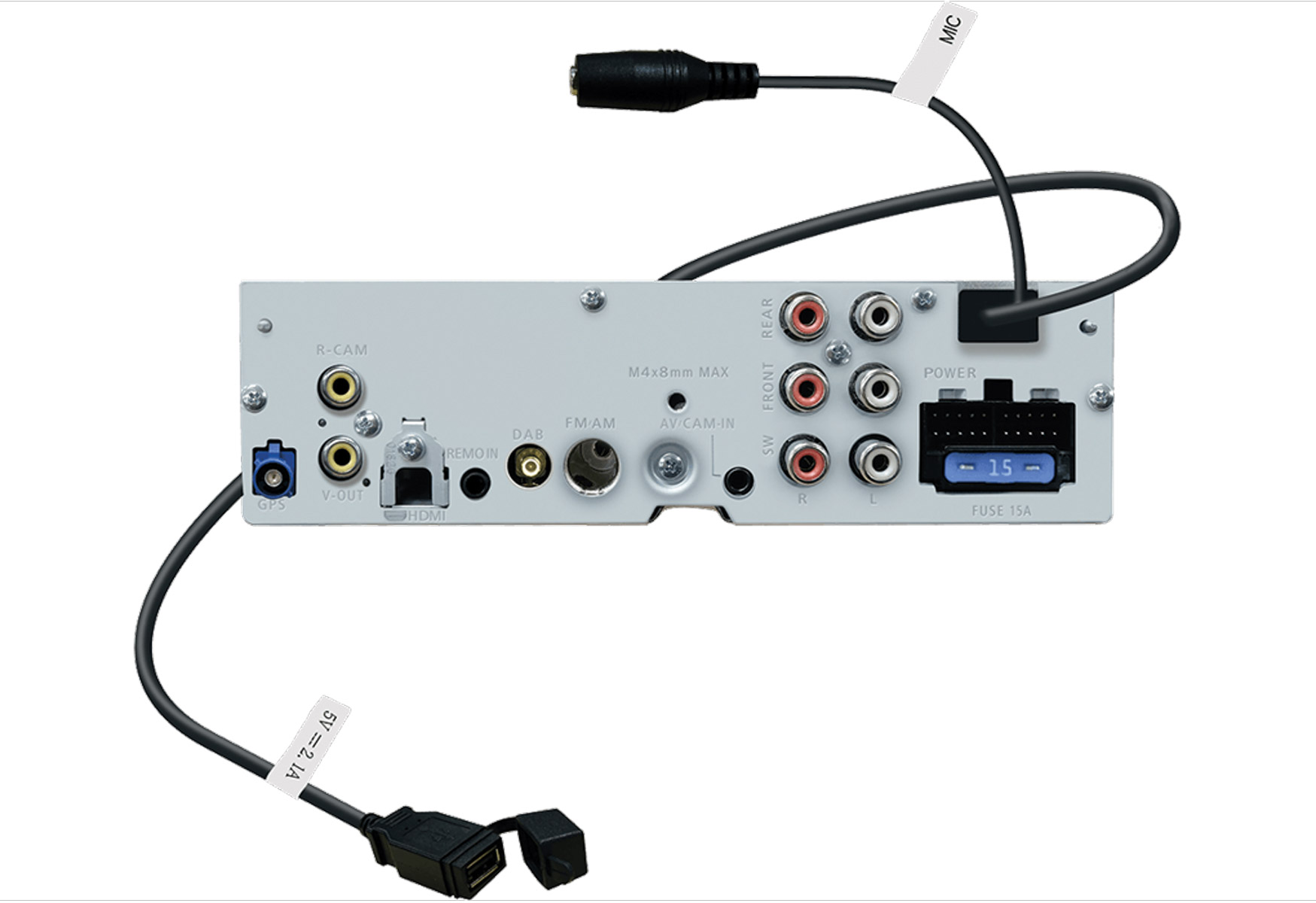 Rückseite eines Autoradios mit verschiedenen Ein-/Ausgängen. Kabel mit USB-, Mikrofon- und Stromanschlüssen sind befestigt.