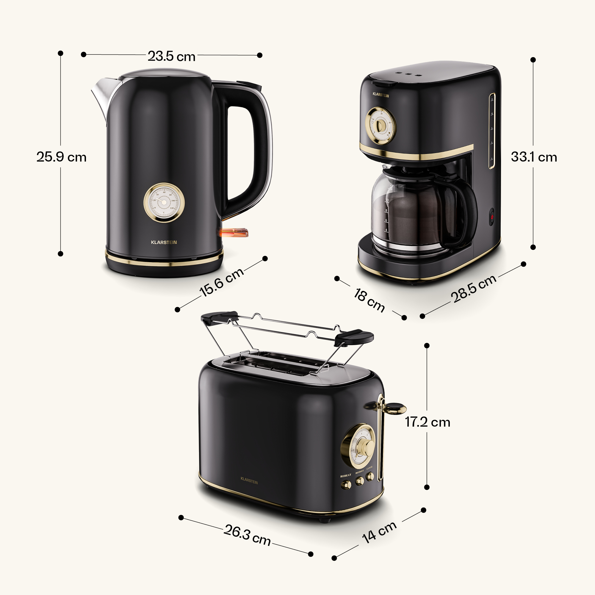 Bollitore, macchina da caffè e tostapane neri con dettagli oro, dimensioni su sfondo chiaro.