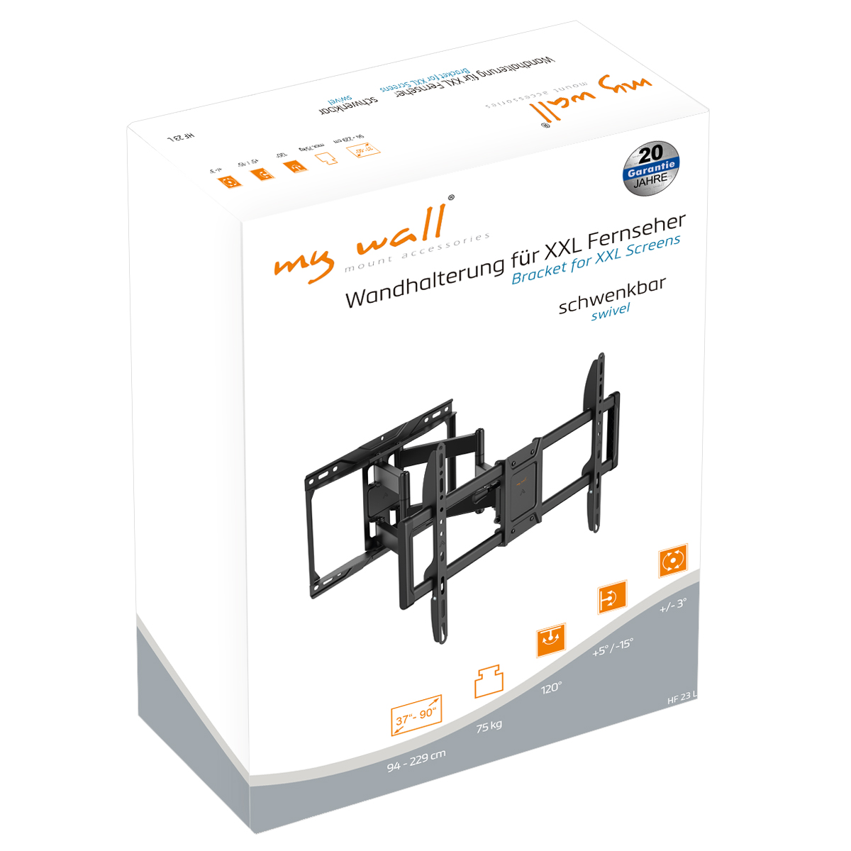 Eine Box mit einer schwarzen TV-Wandhalterung, Text 'my wall' und Spezifikationen.