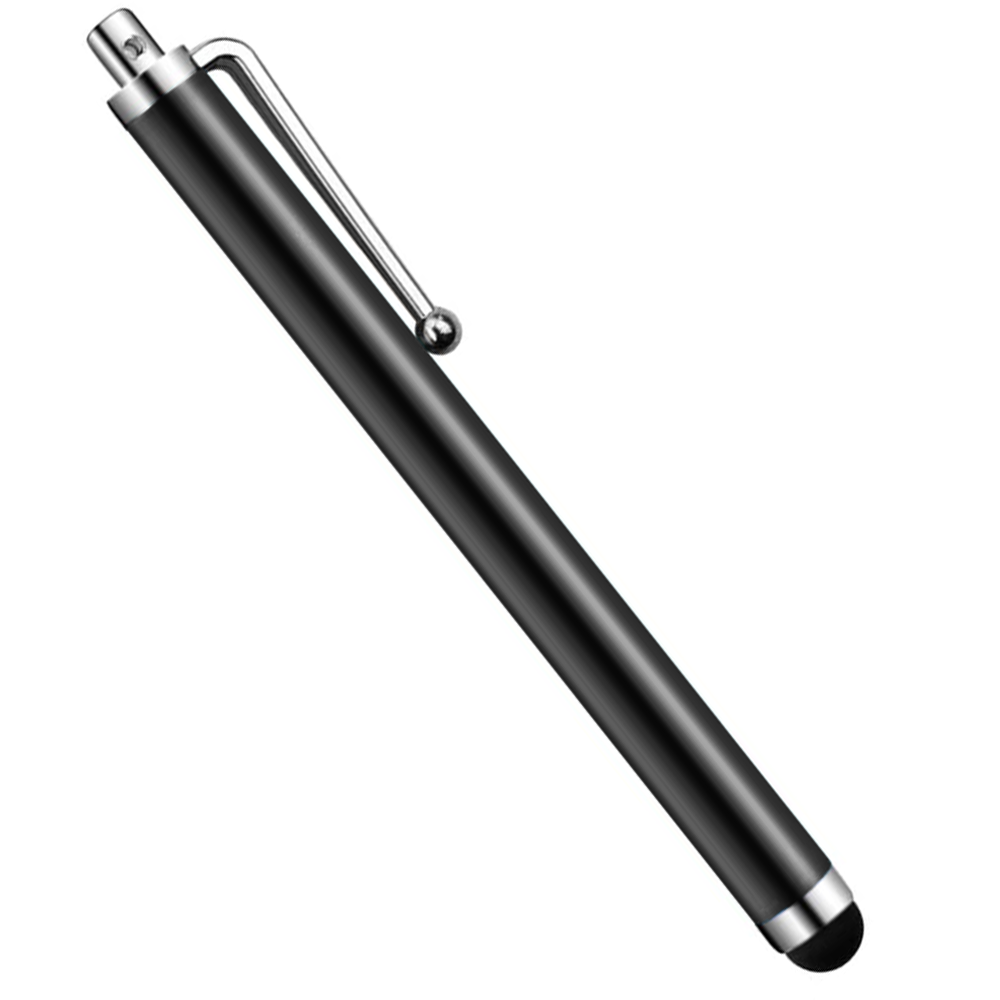Ein schwarzer Eingabestift mit silbernem Clip und Spitze. Der Stift befindet sich auf weißem Hintergrund.