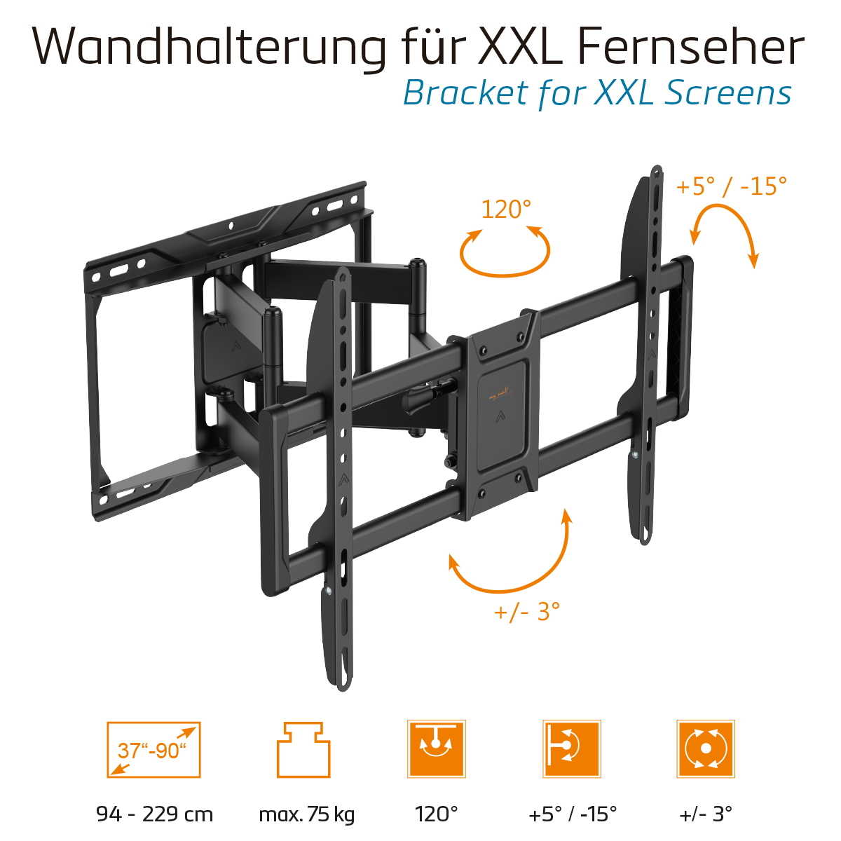 Eine schwarze TV-Wandhalterung mit Pfeilen, die Einstellwinkel und -bereiche angeben, mit Text zur Beschreibung der Spezifikationen.
