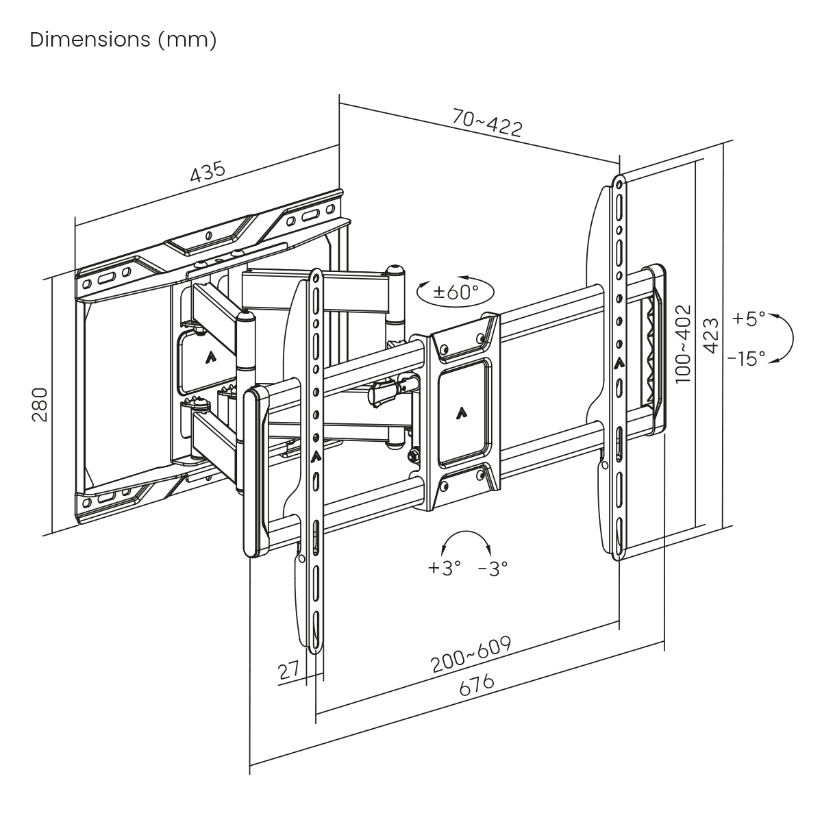 Diagramm einer schwarzen TV-Wandhalterung mit Abmessungen. Winkel und Messungen sind in Millimetern angegeben.