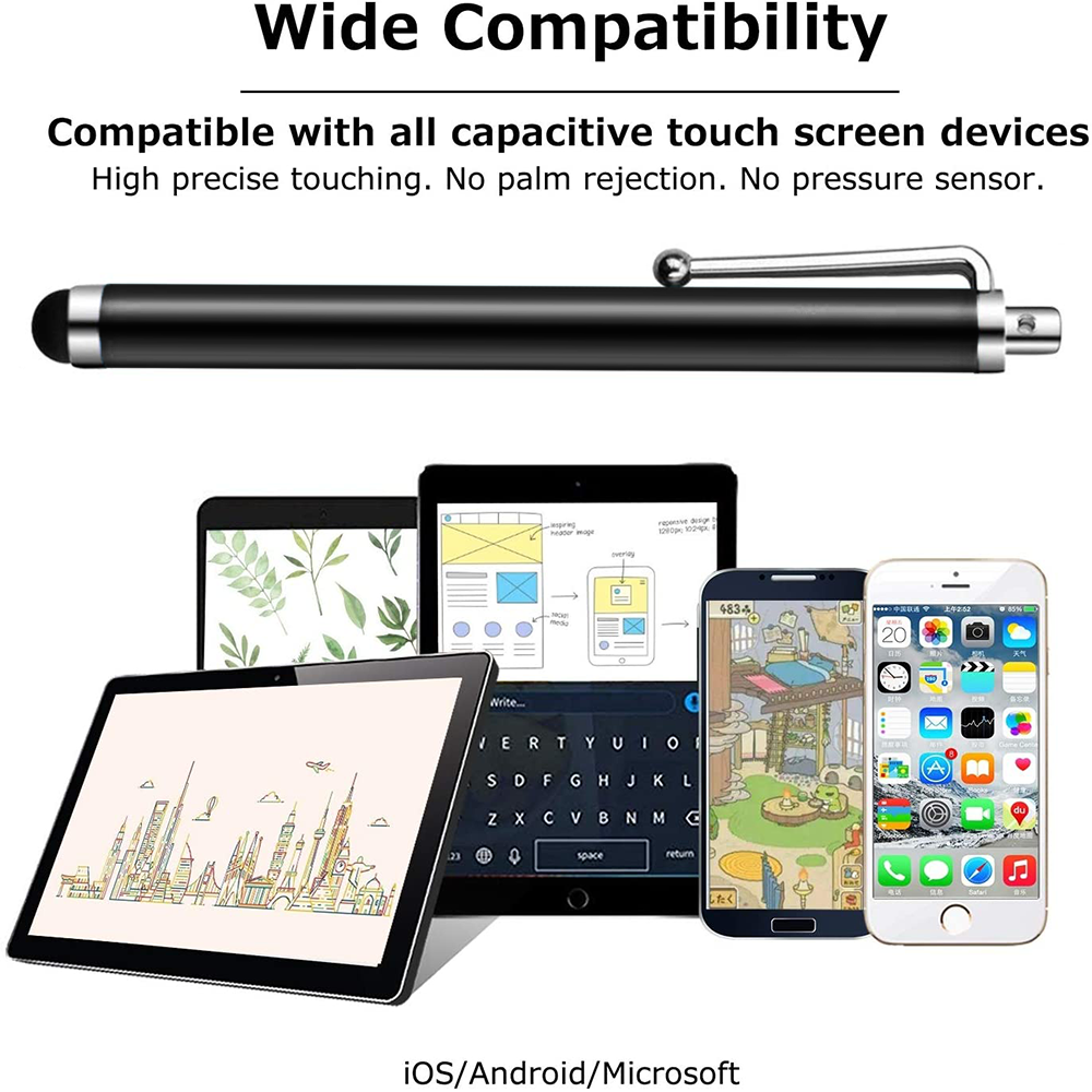 Ein Stift über Tablets und Smartphones. Die Geräte zeigen verschiedene Oberflächen mit Text und Grafiken.