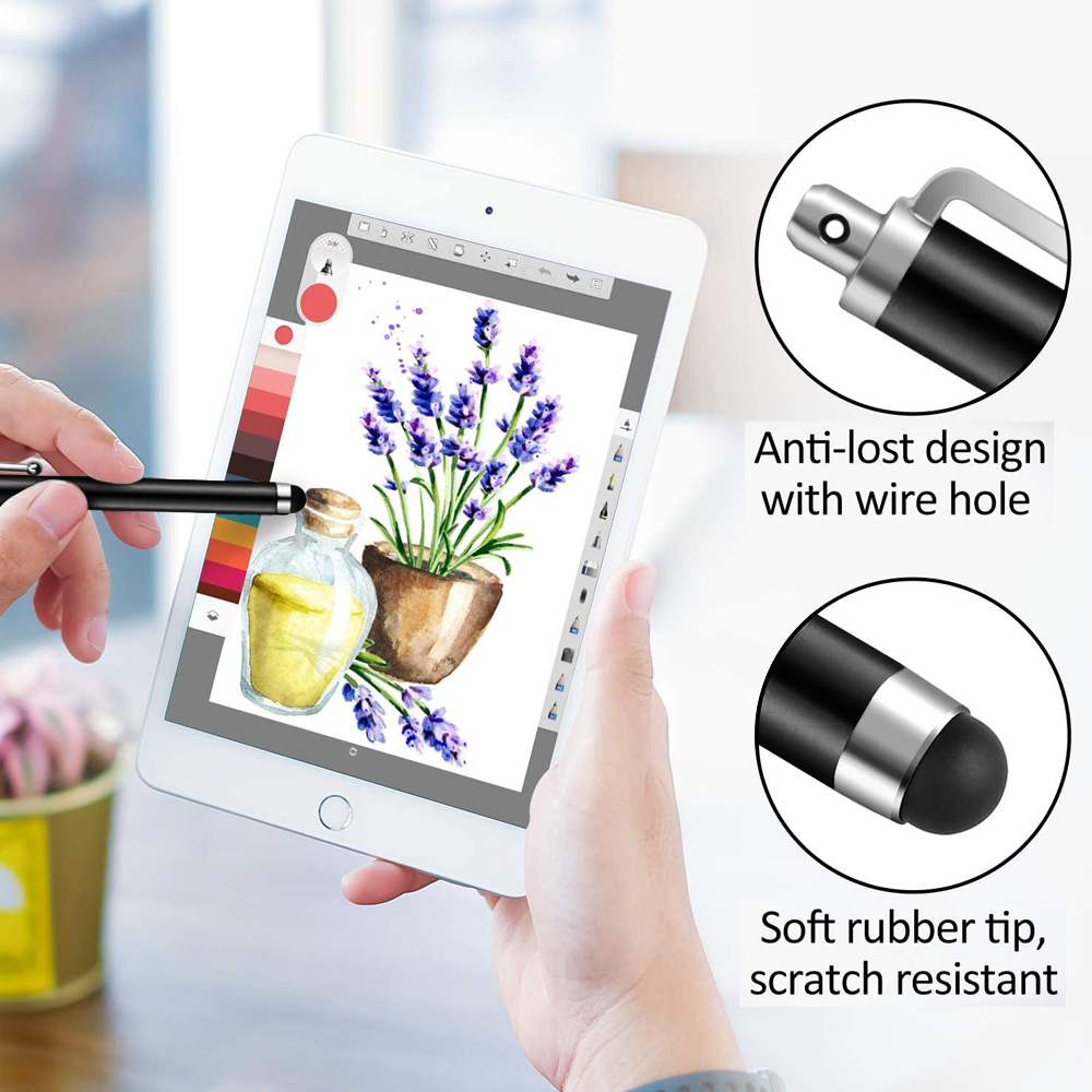 Ein Tablet zeigt ein Lavendelgemälde. Ein Stift schwebt über dem Bildschirm. Details zeigen die Stiftspitze und das Anti-Verlust-Design.