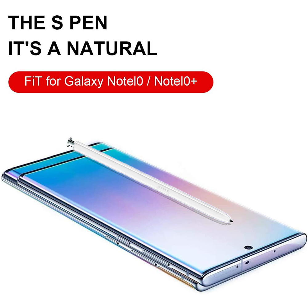 Ein weißer S Pen-Stift liegt auf einem Telefon. Oben steht 'The S Pen, It's a natural'. Darunter 'Fit für Galaxy Note10 / Note10+'.