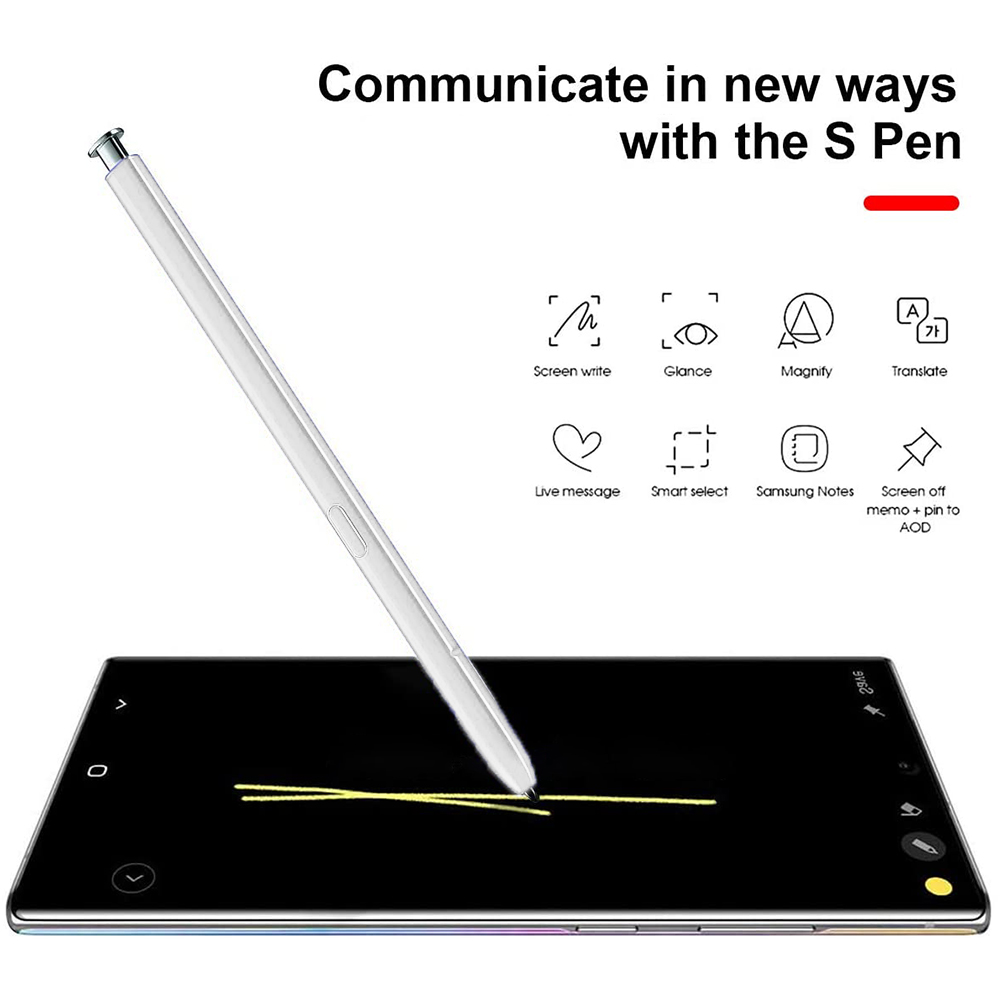Ein weißer S Pen schwebt über einem Telefonbildschirm. Der Bildschirm zeigt eine Zeichnung. Text sagt: Kommunizieren Sie auf neue Weise mit dem S Pen.