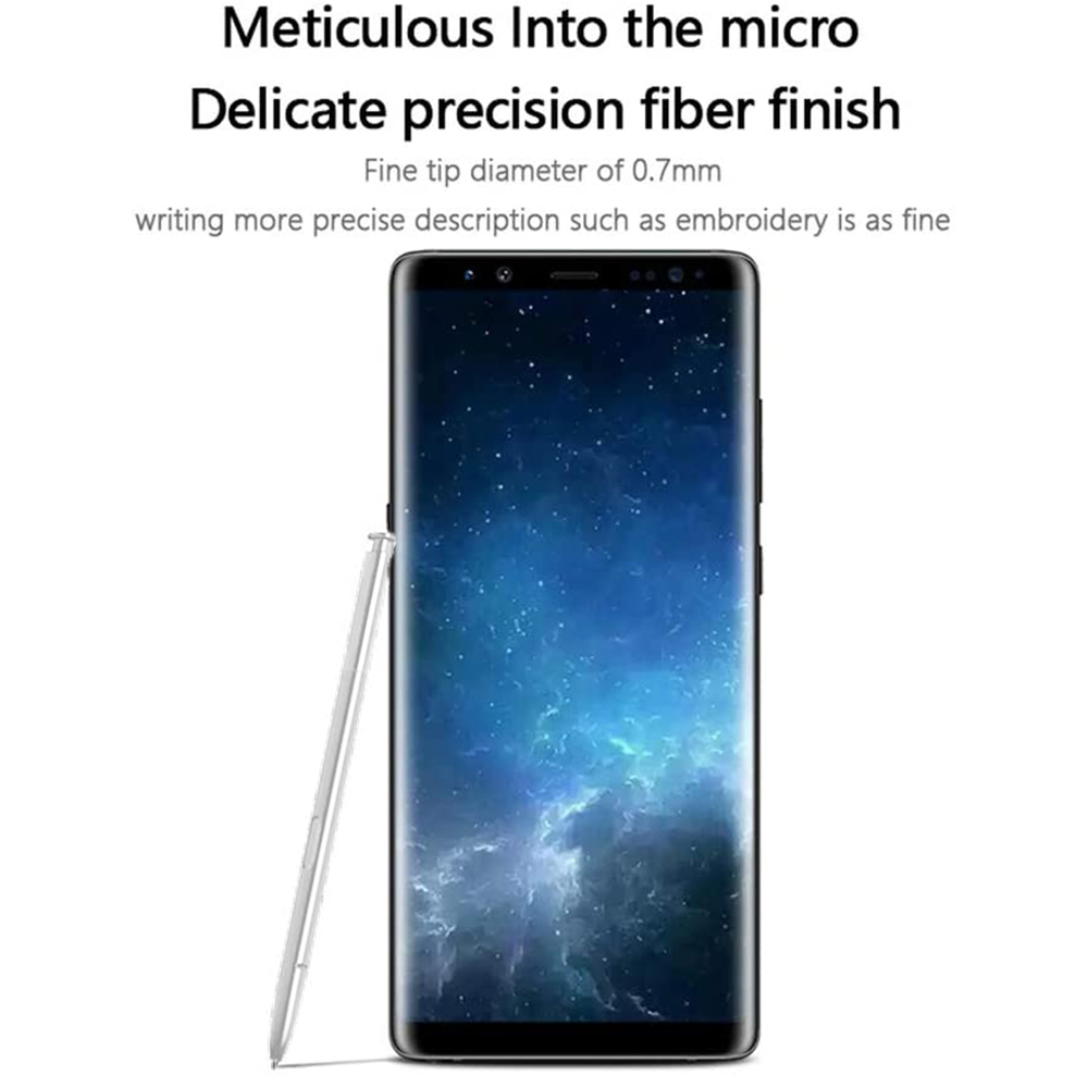 Ein Smartphone mit Stift, das einen Hintergrund mit Sternenhimmel zeigt. Über dem Text steht 'Delicate precision fiber finish'.
