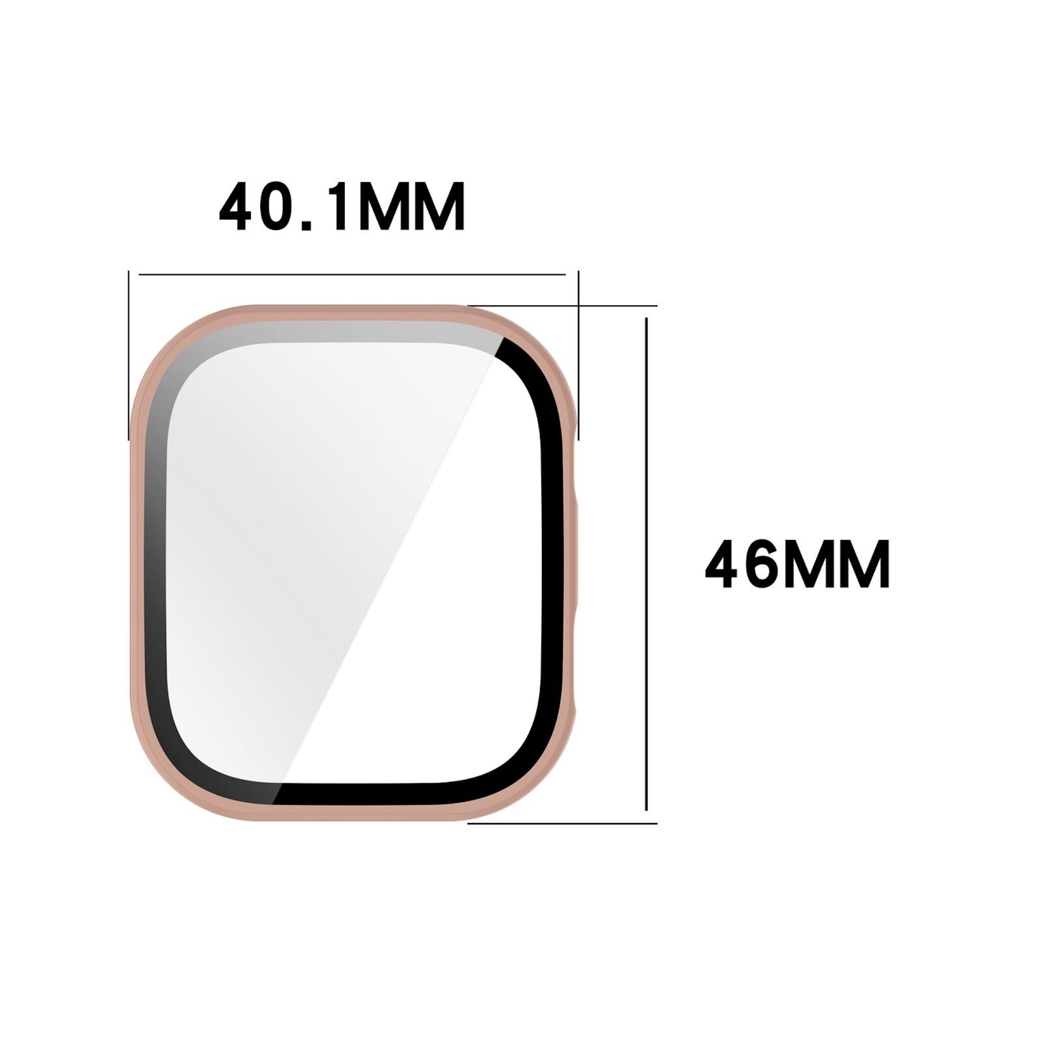 È mostrata una protezione schermo quadrata con dimensioni di 40,1 mm x 46 mm. Ha un design con angoli arrotondati e uno sfondo bianco.