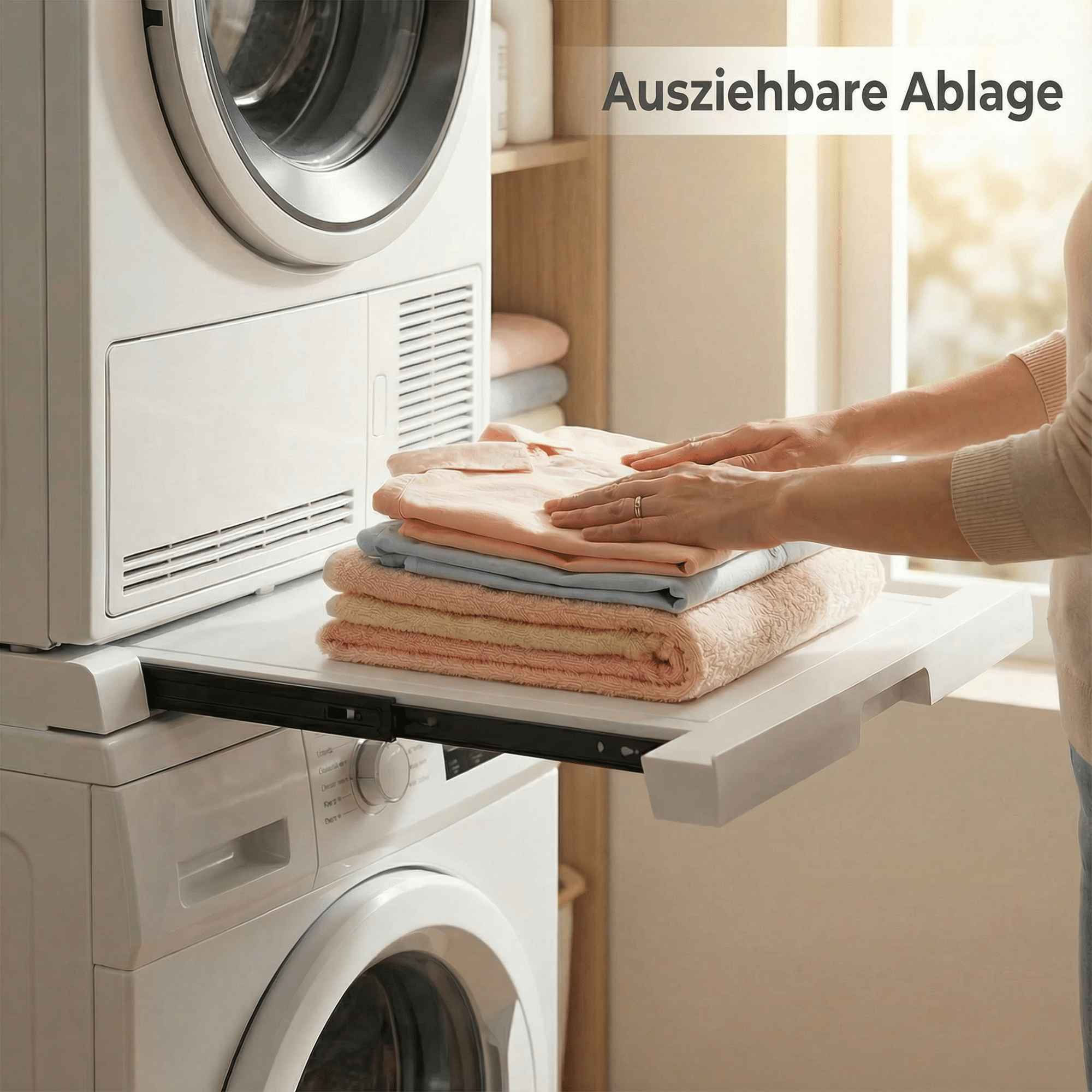Hände einer Frau auf gefalteter Kleidung. Ein ausziehbarer Regalboden auf der Waschmaschine hält Handtücher und Kleidung.
