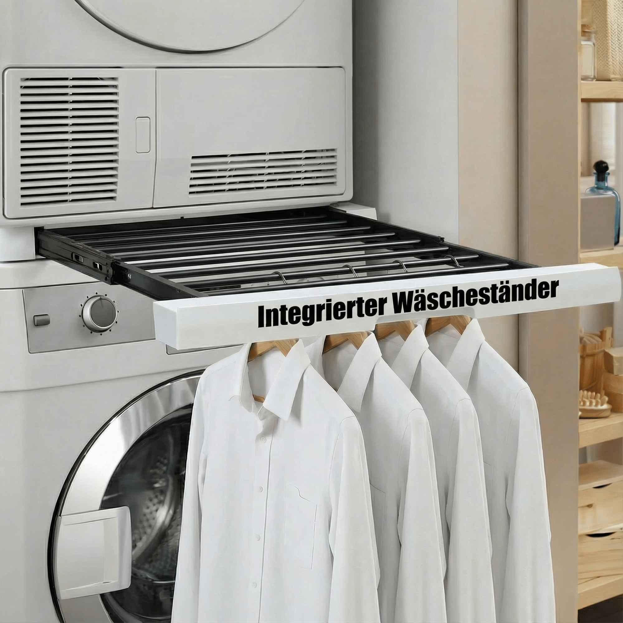 Eine weiße Waschmaschine/Trockner-Einheit mit Hemden, die darunter hängen. Der Text 'Integrierter Wäscheständer' ist auf dem Gerät.