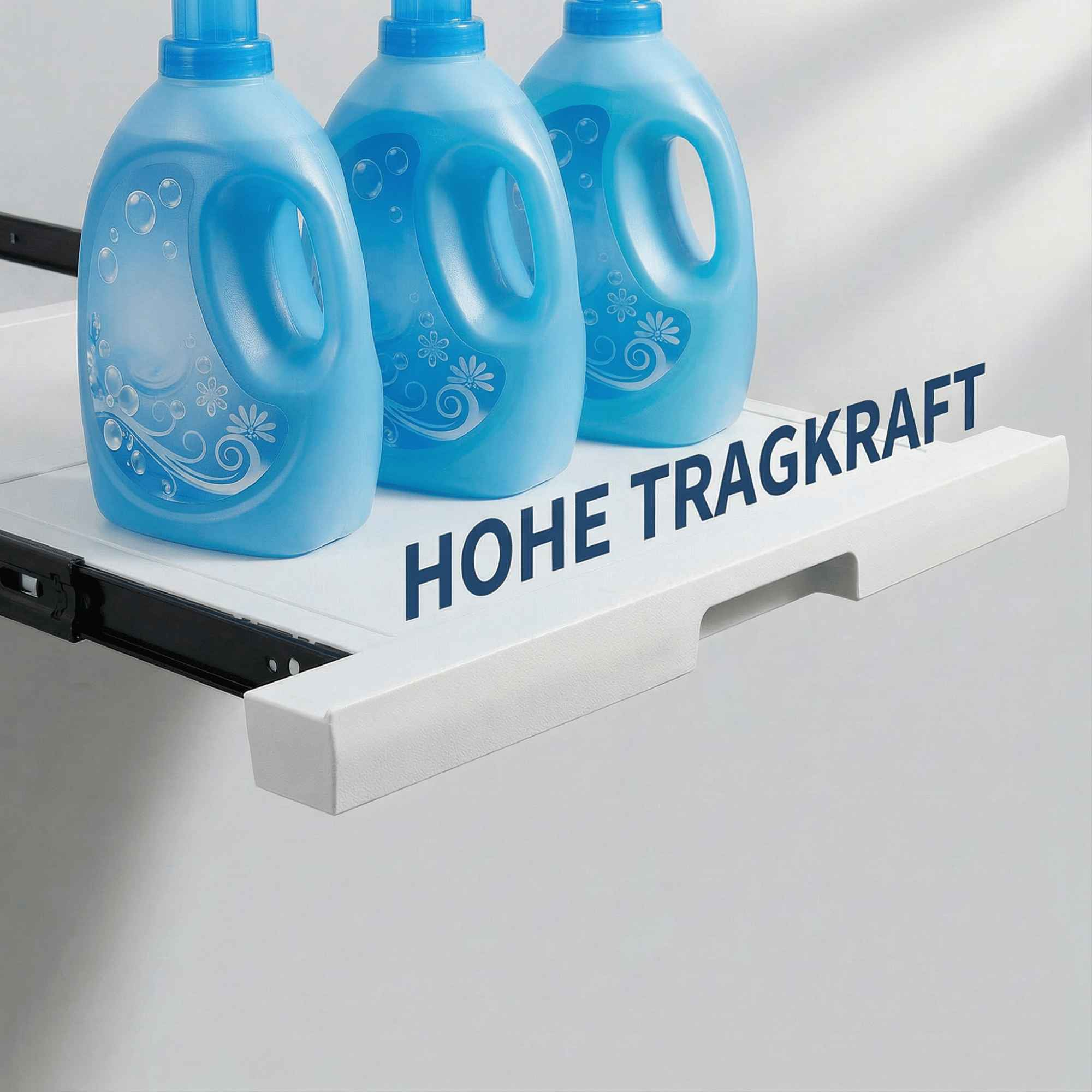 Drei blaue Waschmittelflaschen auf einem weißen Regal mit der Aufschrift 'HOHE TRAGKRAFT'. Weißer Wandhintergrund.