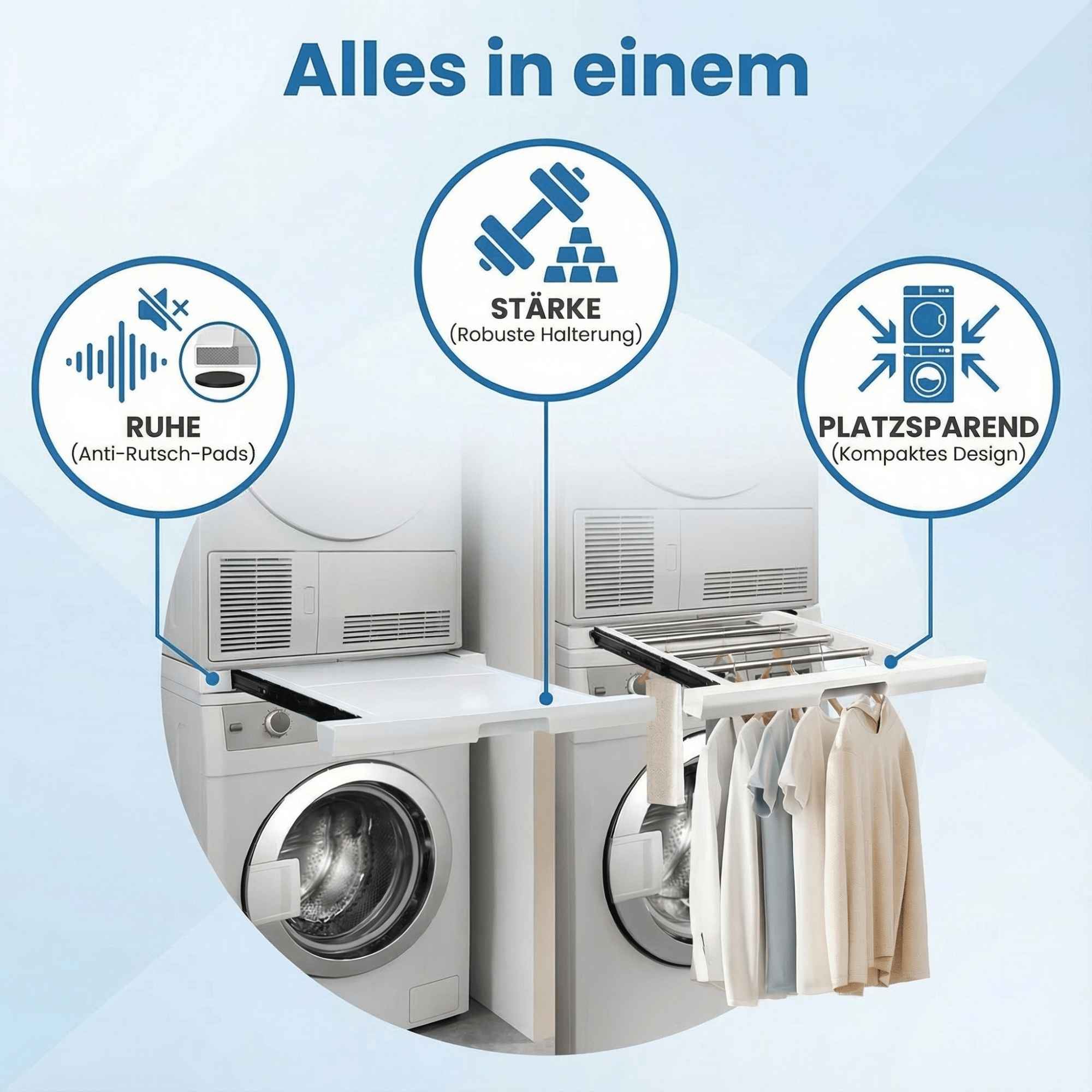 Das Bild zeigt eine Waschmaschine mit drei runden Symbolen, die Funktionen anzeigen: leise, stark und platzsparendes Design.