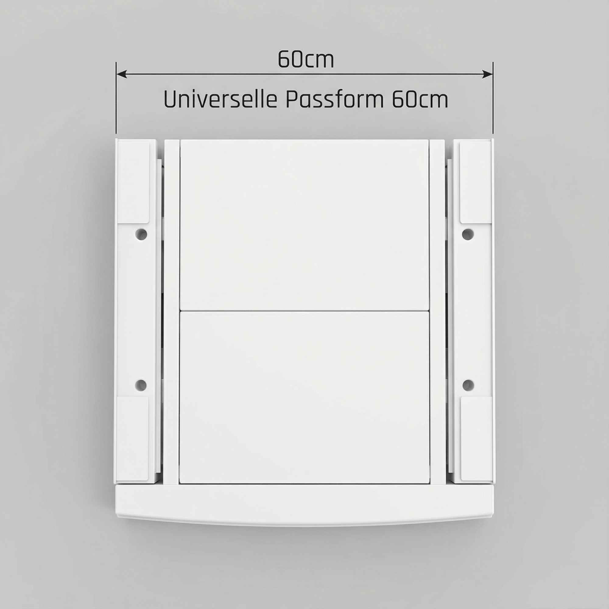 Weißer Schrank mit schwarzem Text '60cm' und 'Universelle Passform 60cm' auf grauem Hintergrund.