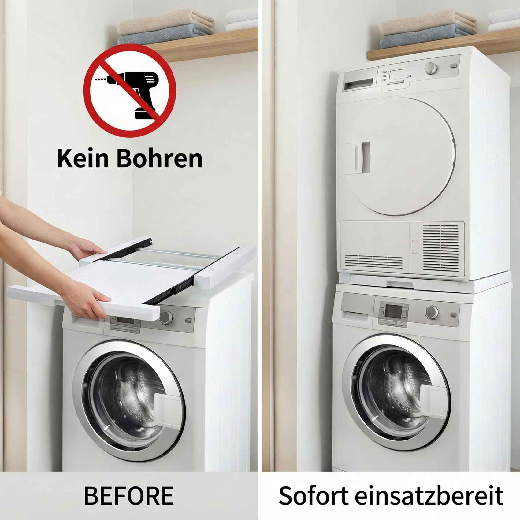Das Bild zeigt Vorher-Nachher einer Waschmaschine. Vorher: eine Person, die ein Regal installiert. Nachher: gestapelte Waschmaschine und Trockner.