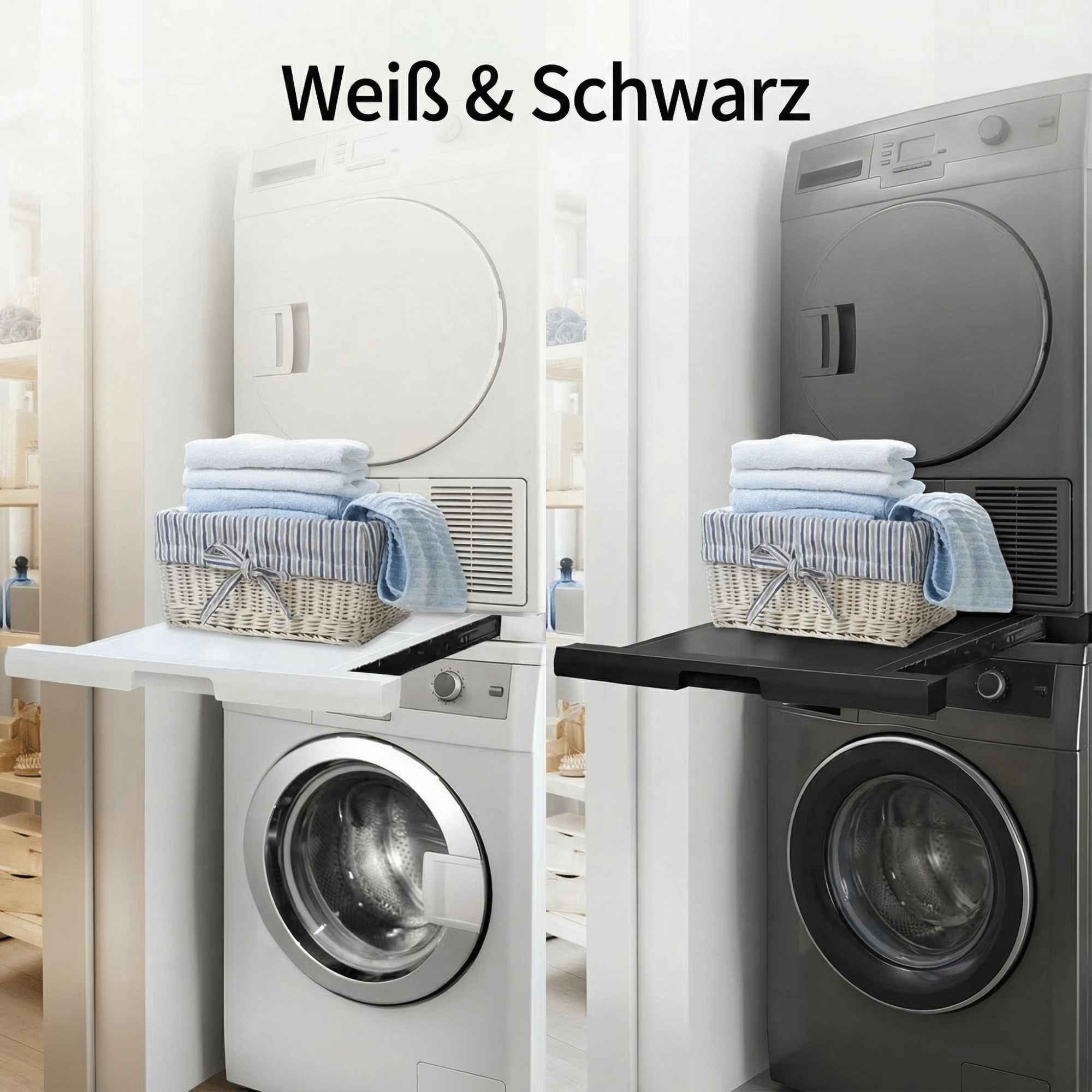Das Bild zeigt zwei Waschmaschinen-Sets, weiß und schwarz. Jedes hat eine Waschmaschine, einen Trockner und einen Korb mit Handtüchern.