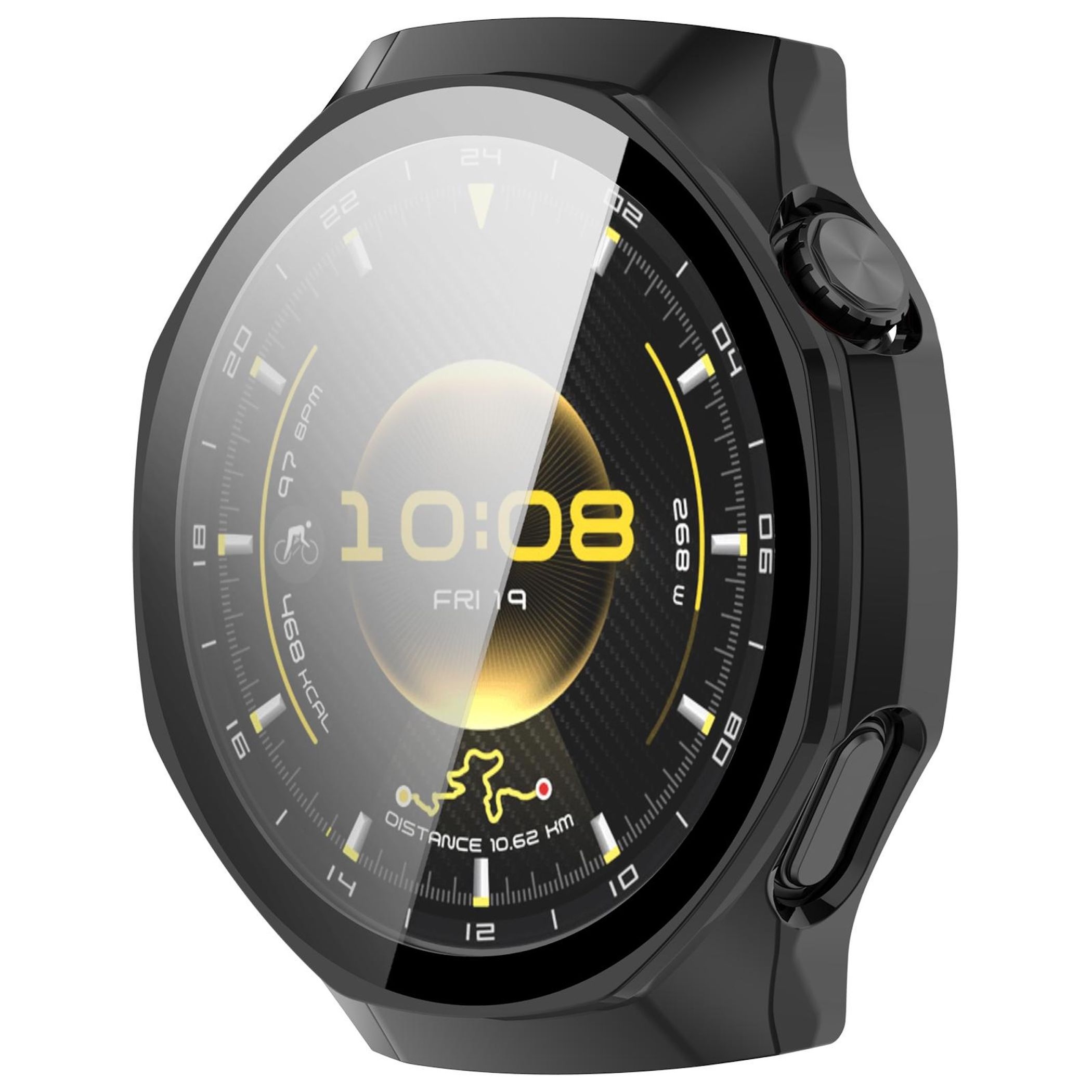 Uno smartwatch nero mostra ora, data e dati di allenamento. L'orologio ha un quadrante rotondo con lunetta nera e un pulsante fisico.