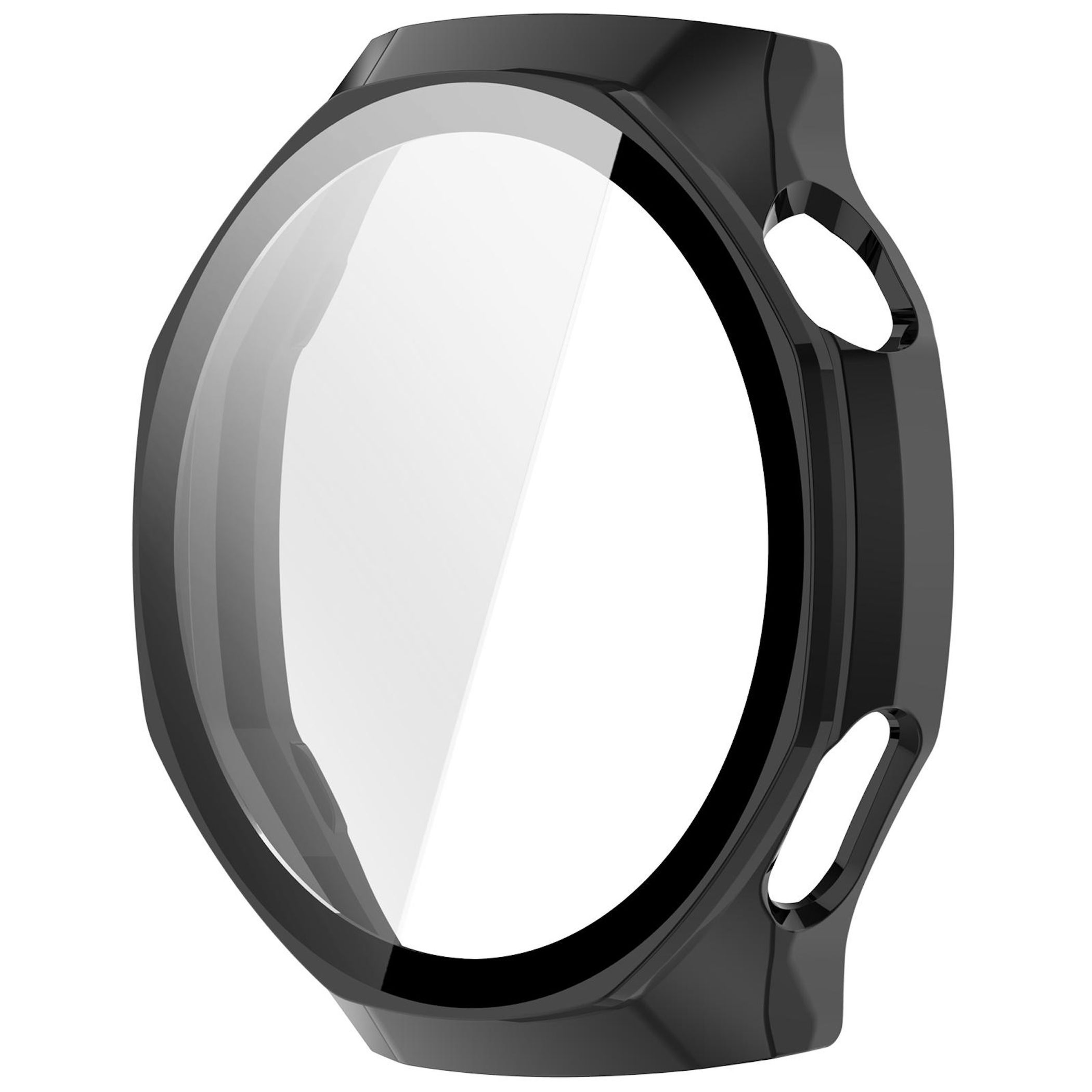 Una cassa per orologio nera con una protezione schermo trasparente. La cassa ha due aperture laterali e una finitura lucida.