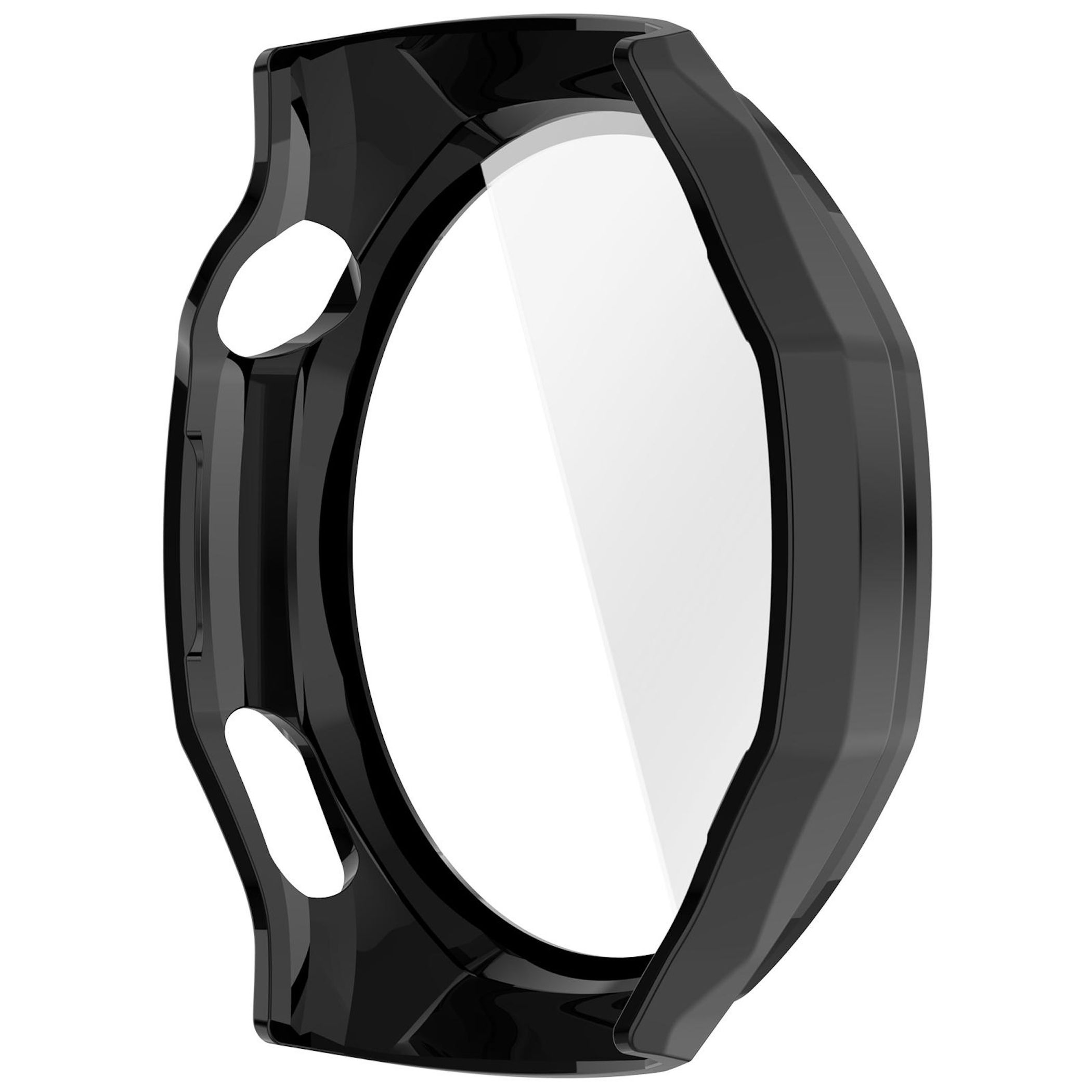Una custodia nera per smartwatch con protezione schermo trasparente. Ha due ritagli ovali e si trova su sfondo bianco.