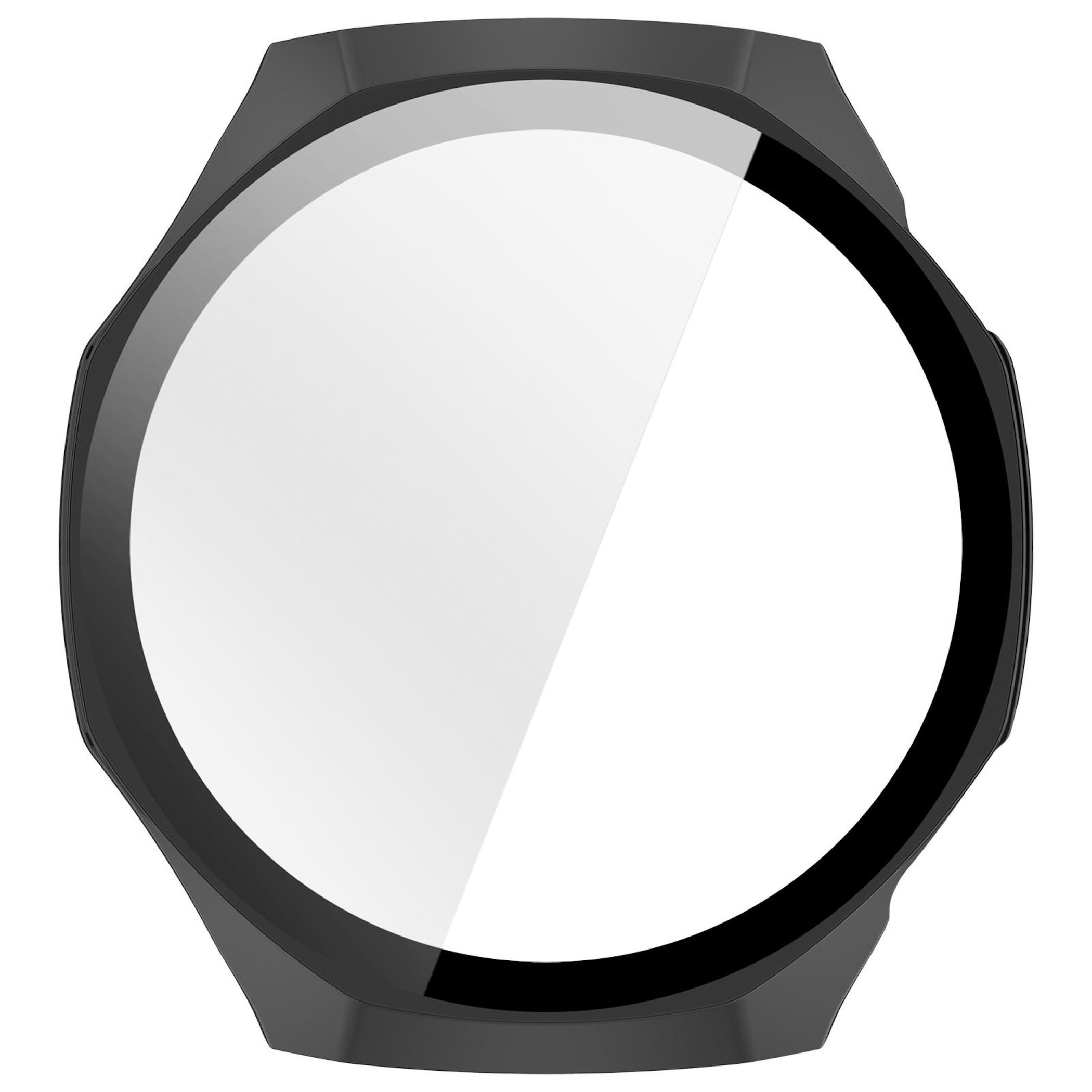 Cassa di smartwatch nera con schermo bianco e circolare. Lo schermo è circondato da una lunetta nera. La forma è ottagonale.