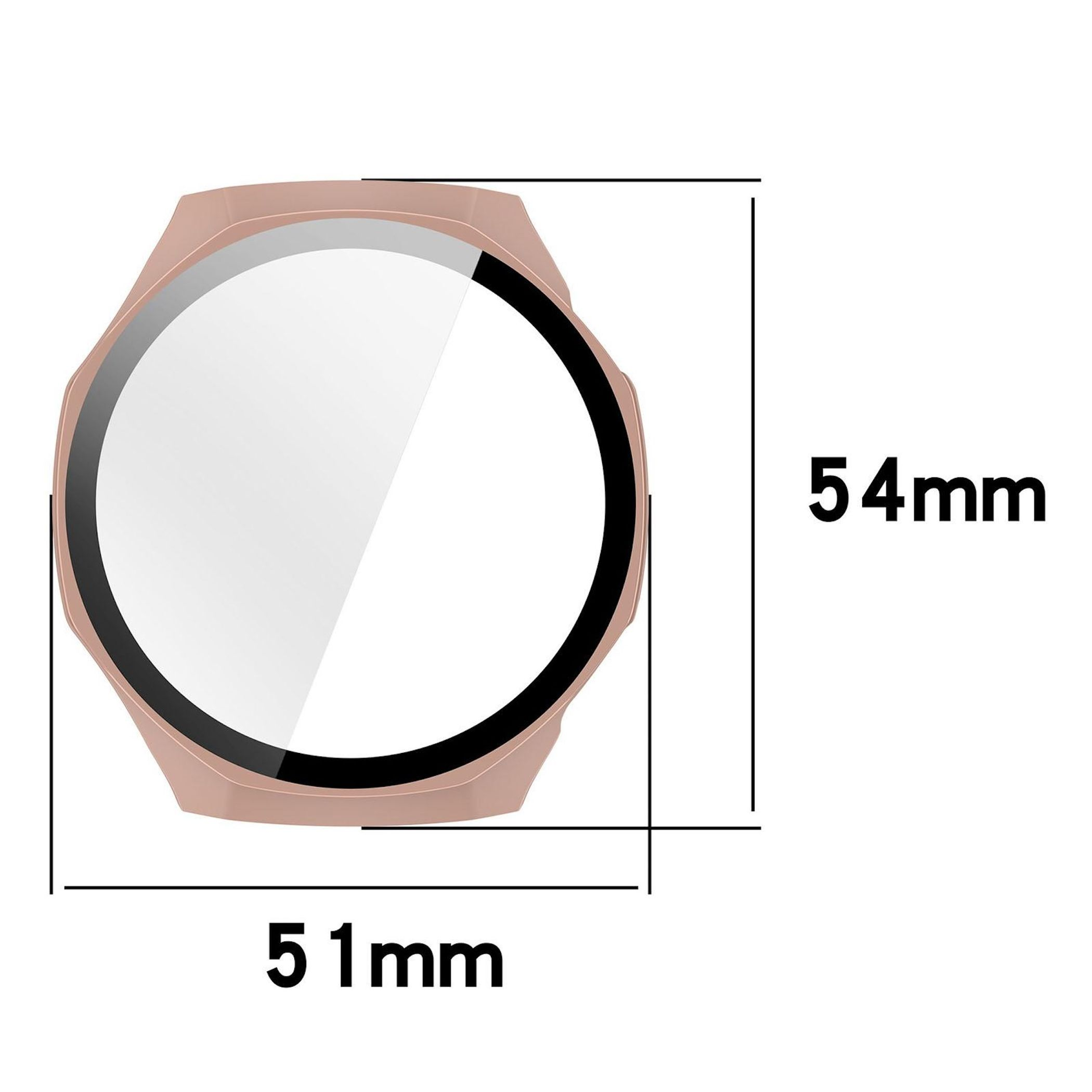 Ein rosafarbener Displayschutz für die Uhr. Abmessungen sind 51 mm x 54 mm. Schwarze Linien und Text zeigen die Größe an.