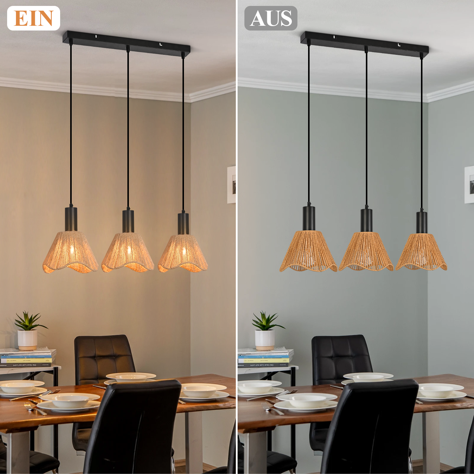 Esszimmer mit drei Hängelampen. Holztisch, schwarze Stühle und weiße Teller. Inklusive einer Pflanze.