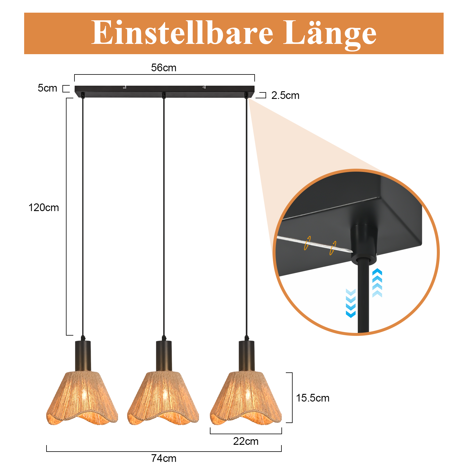 Eine moderne Pendelleuchte mit drei Lampen. Jede Lampe hat einen gewebten Schirm und hängt an einer schwarzen Stange.