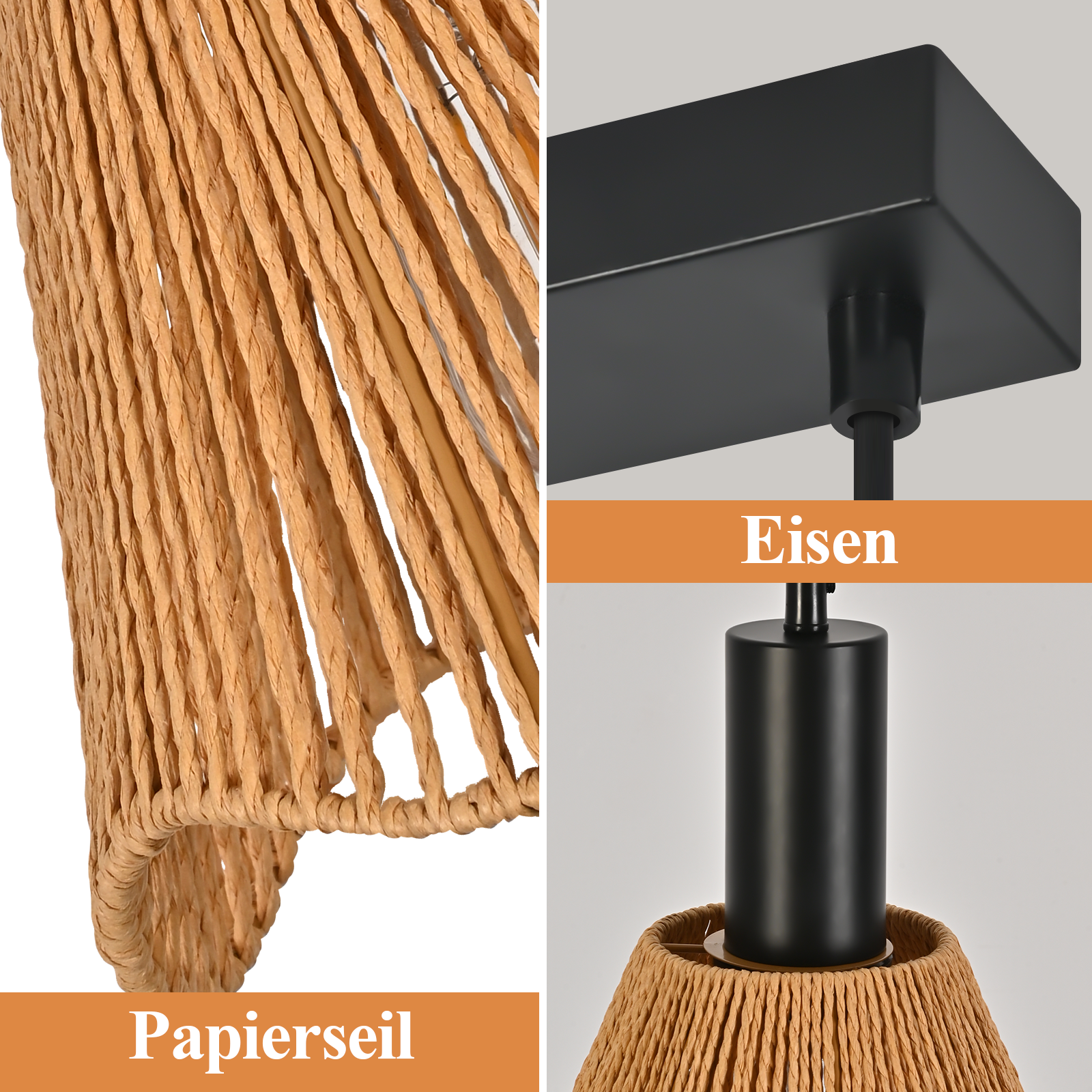 Nahaufnahme einer Pendelleuchte mit gewebtem Papierschirmen und schwarzen Metallkomponenten.