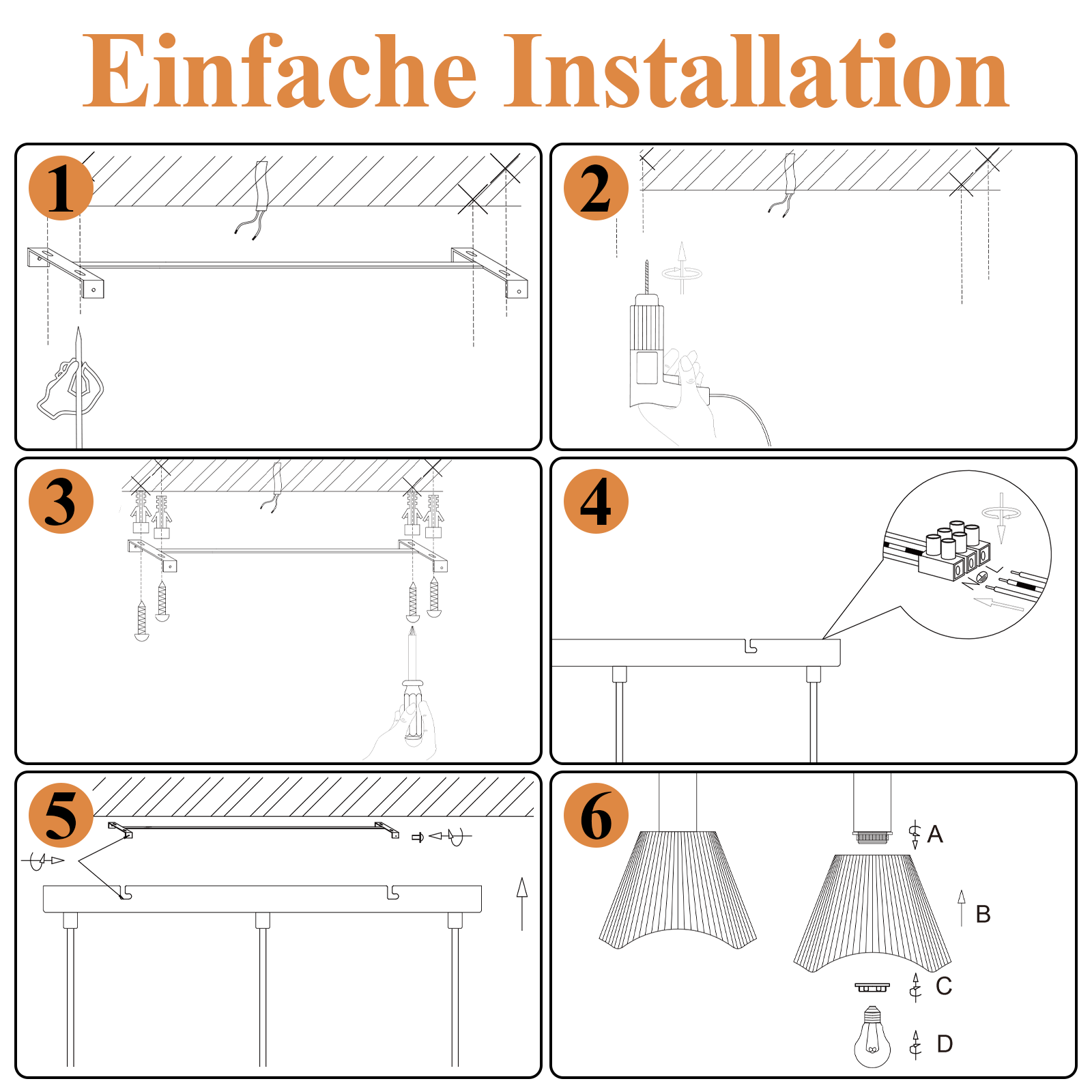 Diagramm mit Schritten zur Lampeninstallation: Montage einer Halterung, Anschließen von Drähten, Anbringen der Lampe und Zusammenbau.