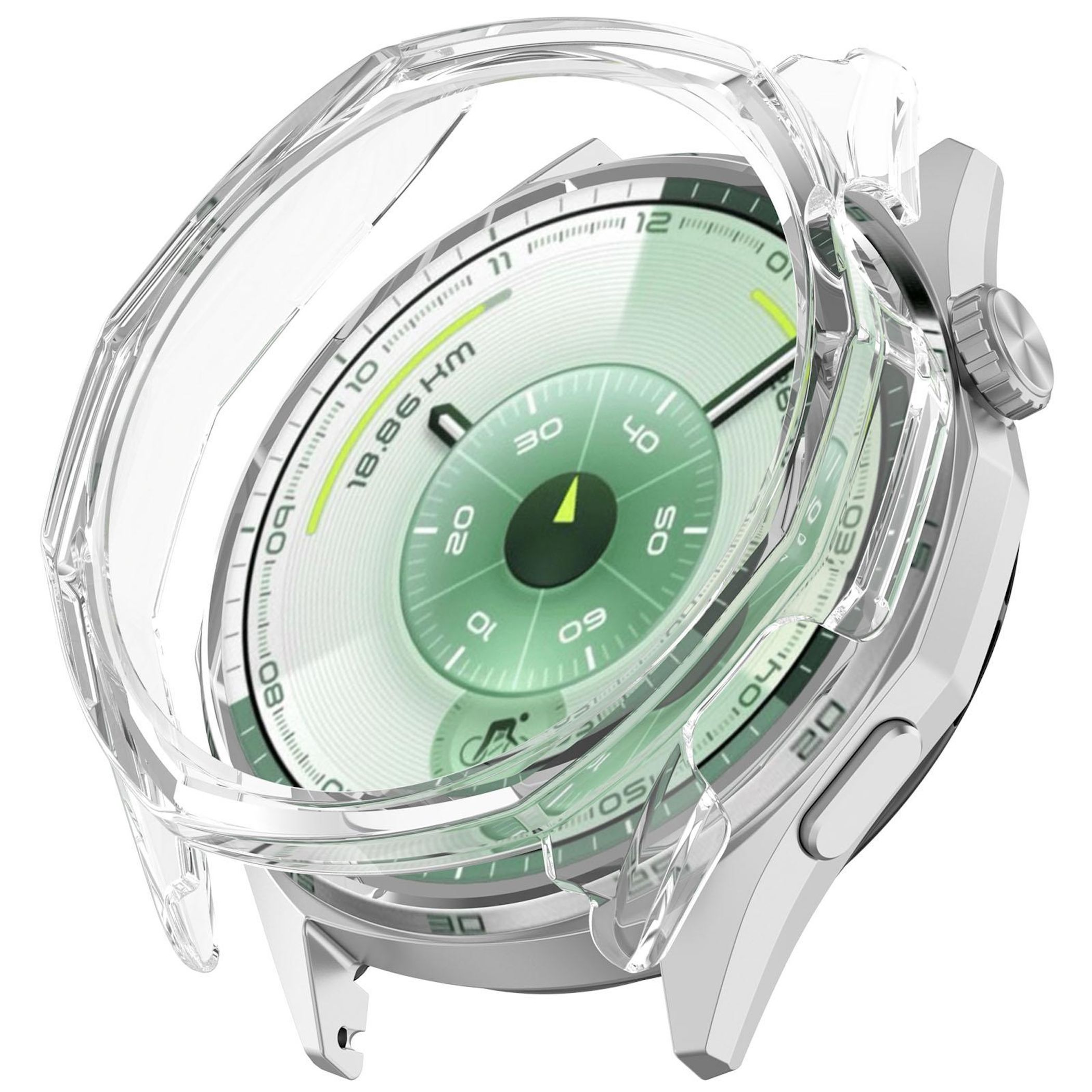 Uno smartwatch argentato con custodia protettiva trasparente. Il quadrante è verde con segni bianchi.