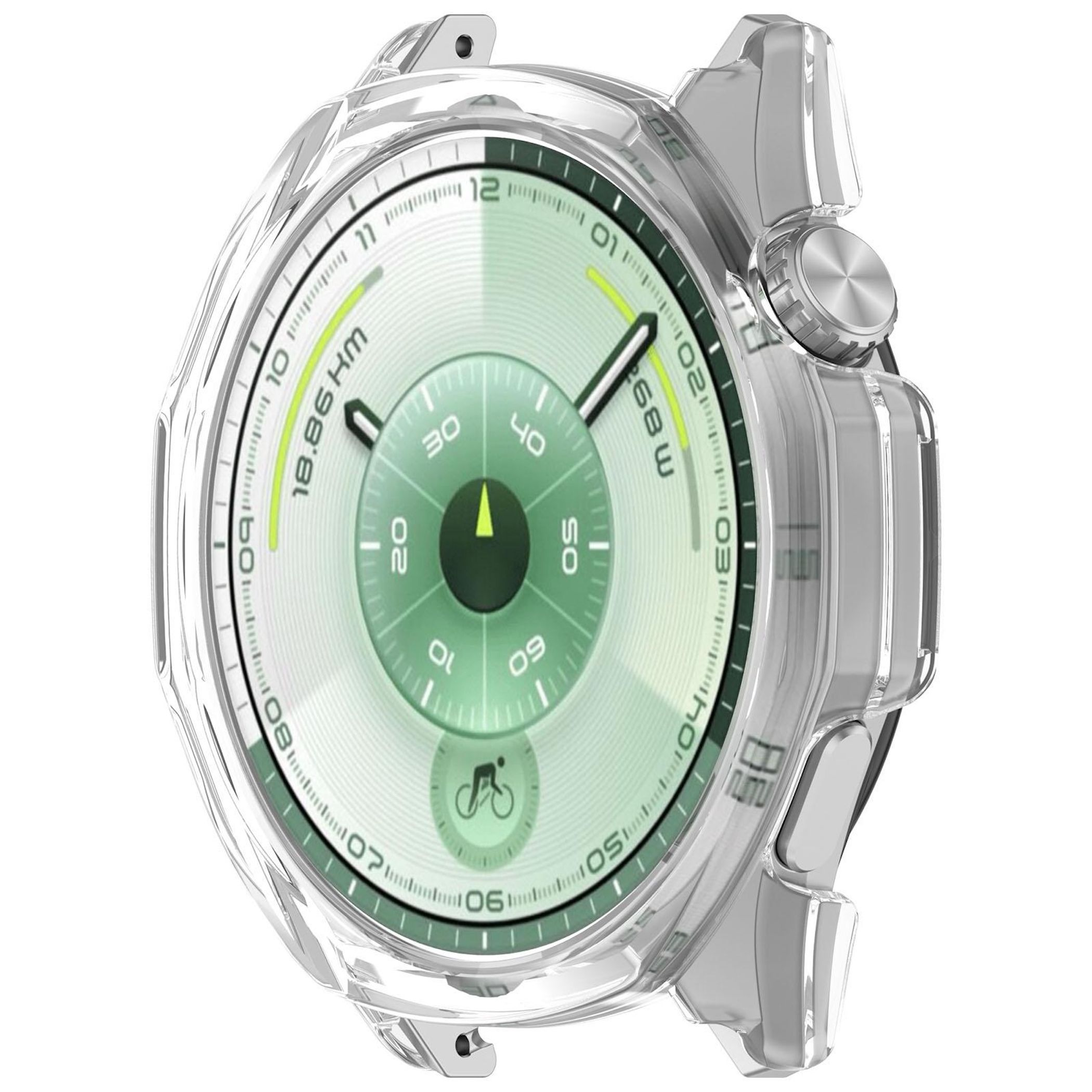 Uno smartwatch con quadrante verde e bianco, racchiuso in una cover protettiva trasparente color argento.