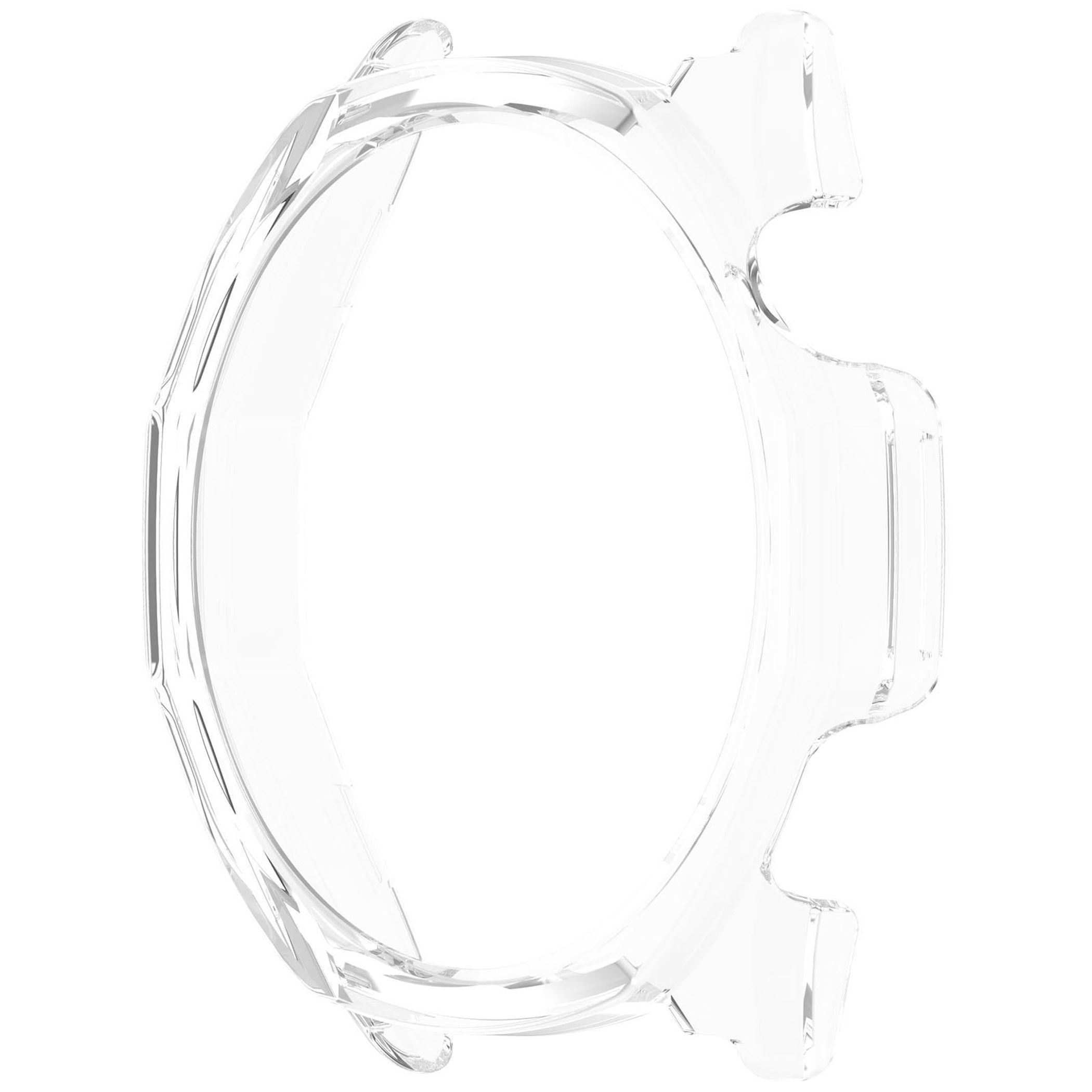 Un protettore per cassa dell'orologio trasparente, realizzato in plastica. La cassa è rotonda, con un design curvo, ed è vuota.