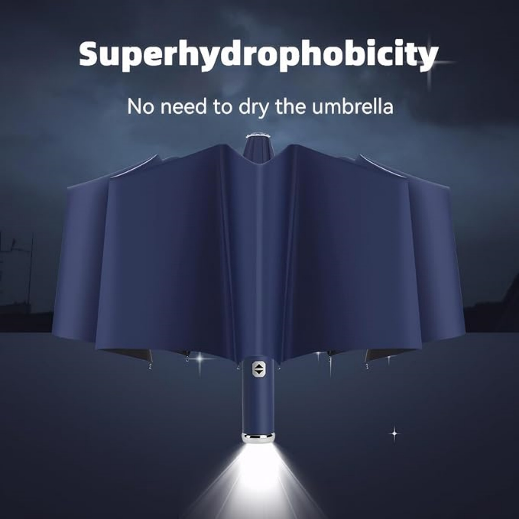 Ein dunkelblauer Regenschirm ist geöffnet, mit dem Text 'Superhydrophobie' und 'Kein Trocknen des Schirms'.