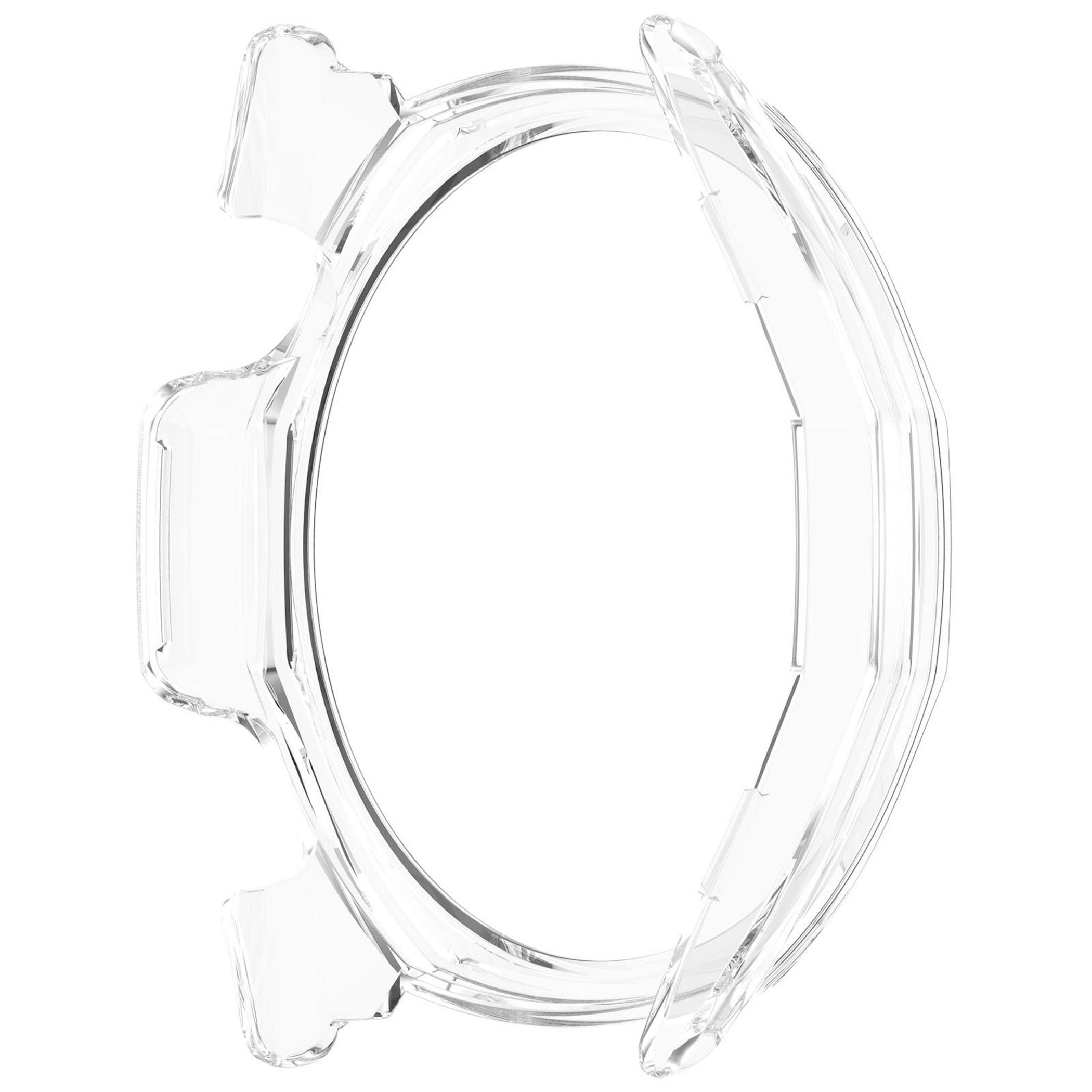 Una custodia protettiva trasparente per orologio. È trasparente, con bordi curvi e design circolare, su sfondo bianco.
