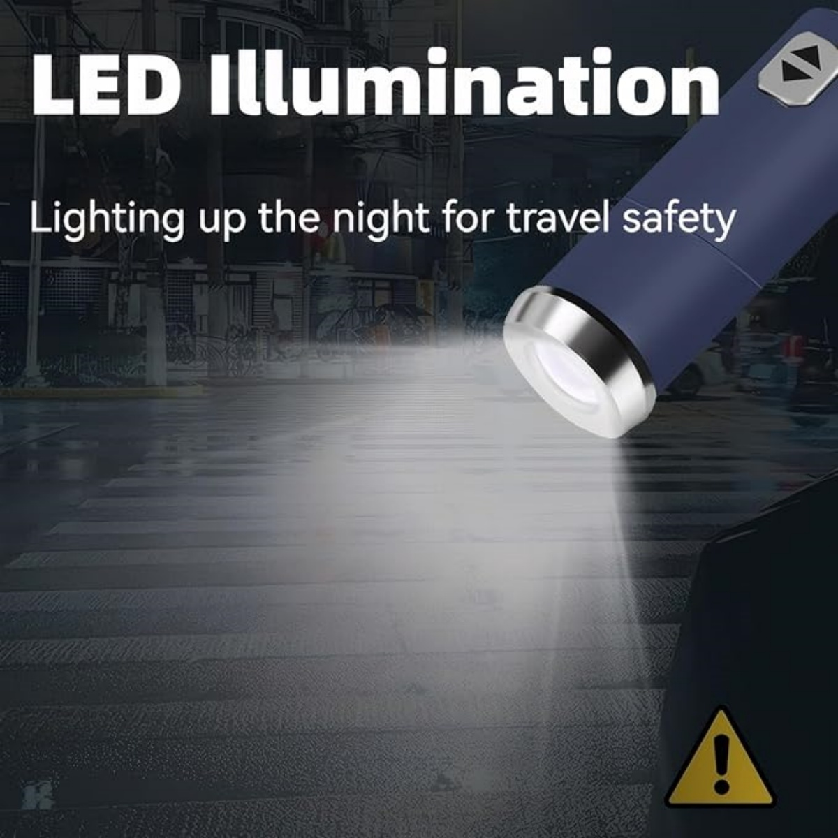 Eine blaue Taschenlampe beleuchtet nachts einen Zebrastreifen. Der Text lautet 'LED-Beleuchtung' und 'Die Nacht für die Reisesicherheit erhellen'.