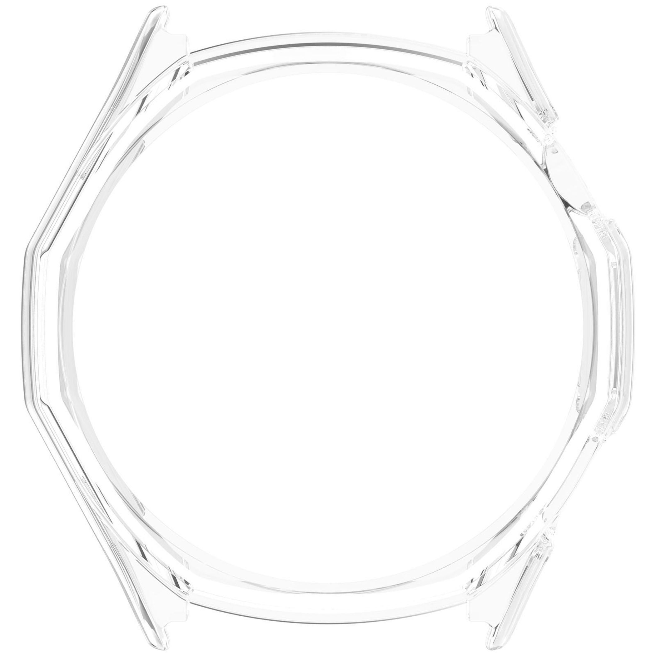 Protezione trasparente per cassa dell'orologio. Forma circolare con bordi angolari, sfondo bianco.