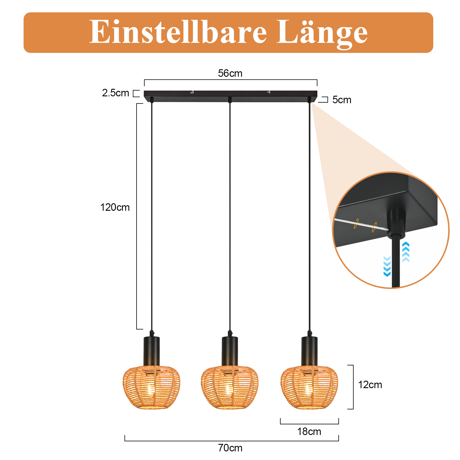 Drei Pendelleuchten mit gewebten Schirmen. Abmessungen und Beschriftungen sind angegeben. Der Hintergrund ist weiß.