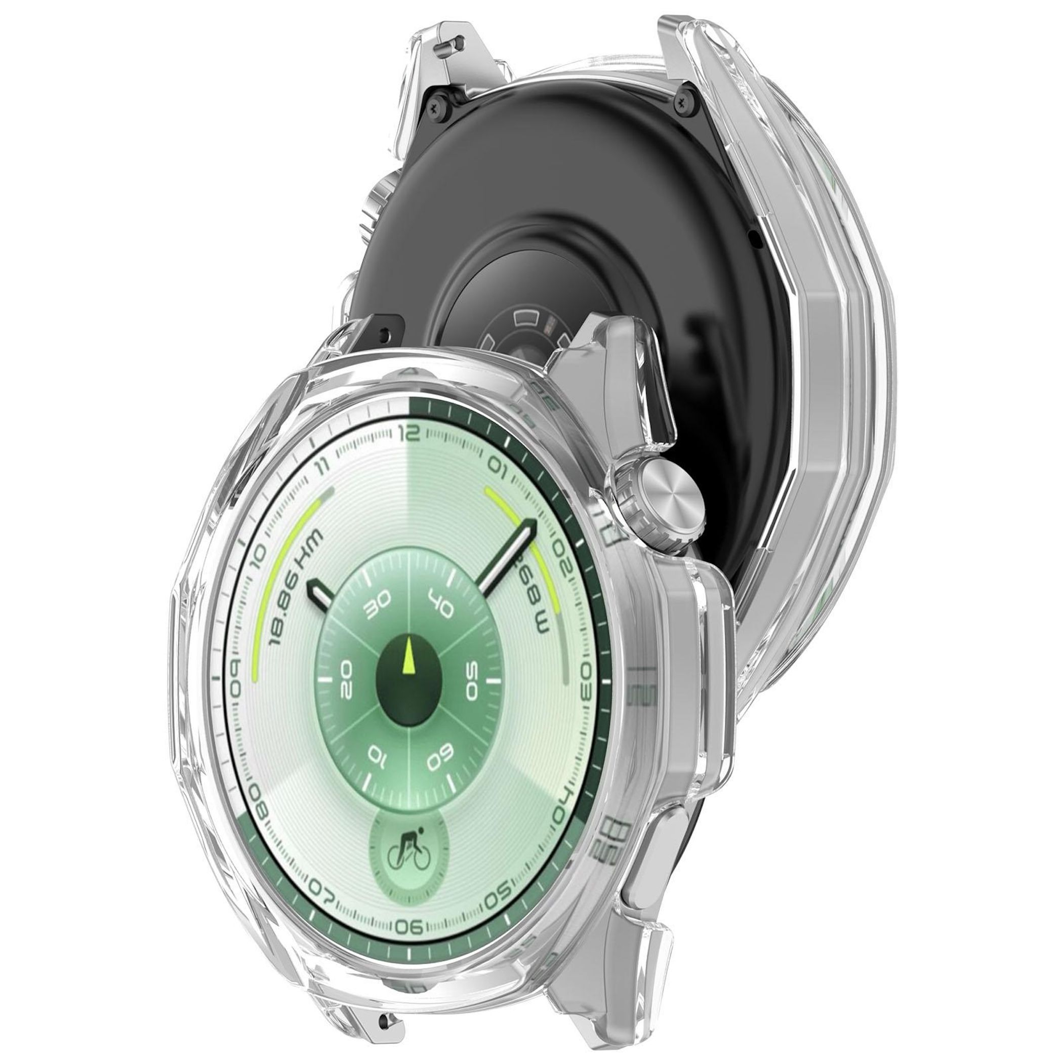 Uno smartwatch con custodia trasparente. Il quadrante è verde con numeri e indicatori. Lo sfondo è bianco.
