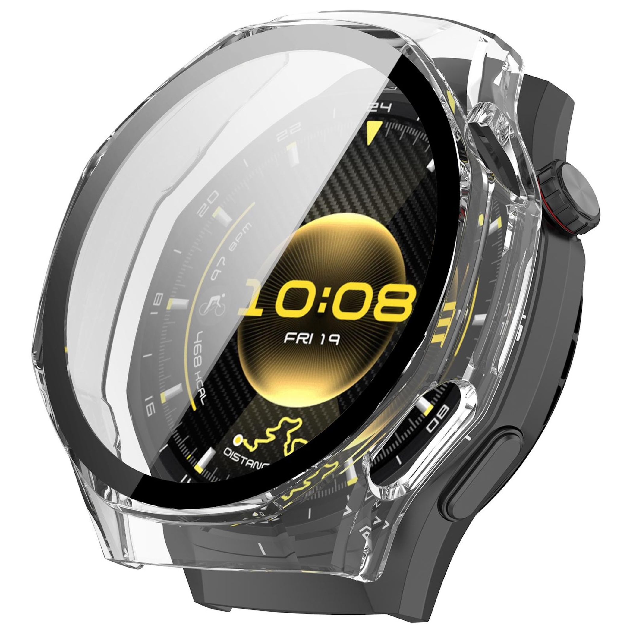 Eine moderne Smartwatch mit klarer Schutzhülle. Das Display zeigt Zeit, Datum und Aktivitätsstatistiken. Die Uhr ist schwarz und grau.