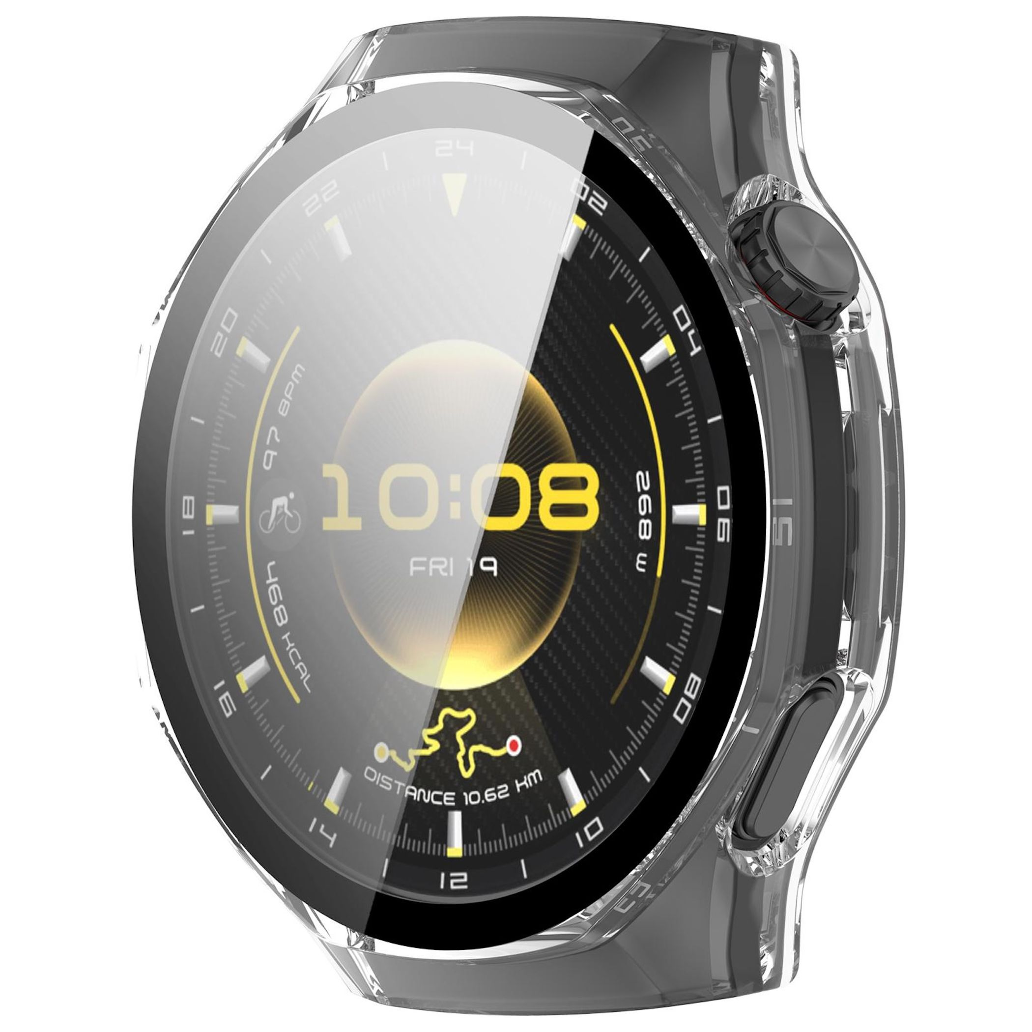 Nahaufnahme einer Smartwatch, die Zeit, Datum und Fitnesswerte wie Distanz und verbrannte Kalorien anzeigt. Sie hat ein transparentes Gehäuse.