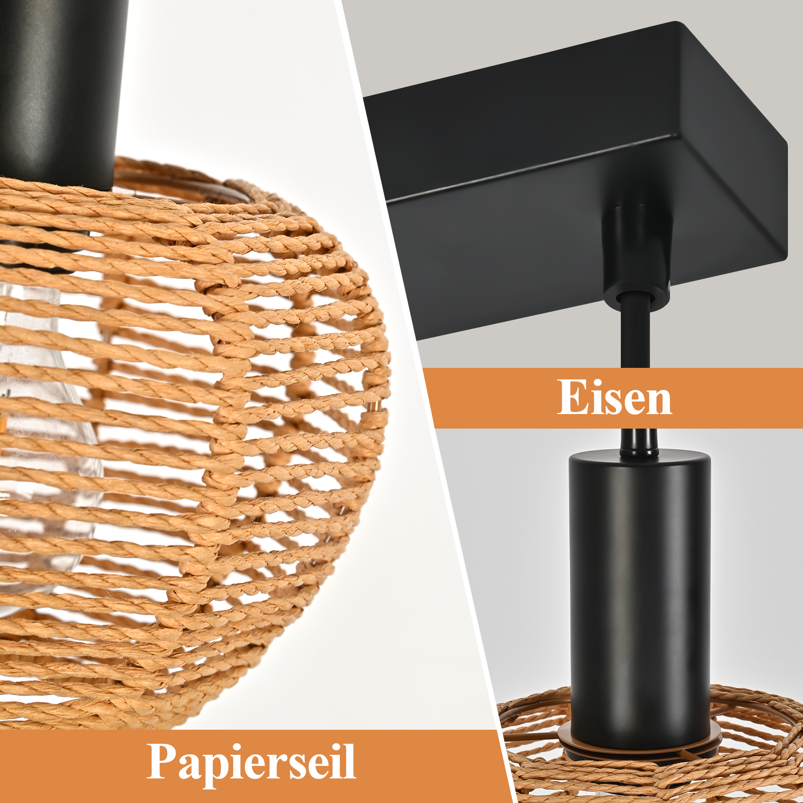 Nahaufnahme einer Pendelleuchte. Sie hat einen Schirm aus gewebtem Papierseil und schwarze Metallkomponenten. Der Hintergrund ist weiß.